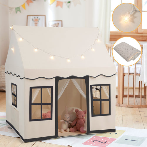 Toddler Large Playhouse with Star String Lights, Beige