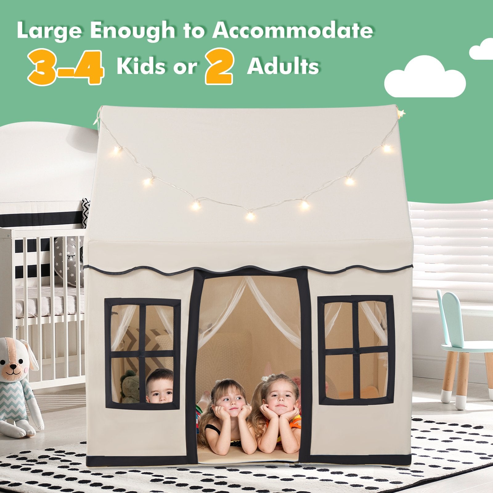 Toddler Large Playhouse with Star String Lights, Beige Play Tents & Playhouse   at Gallery Canada