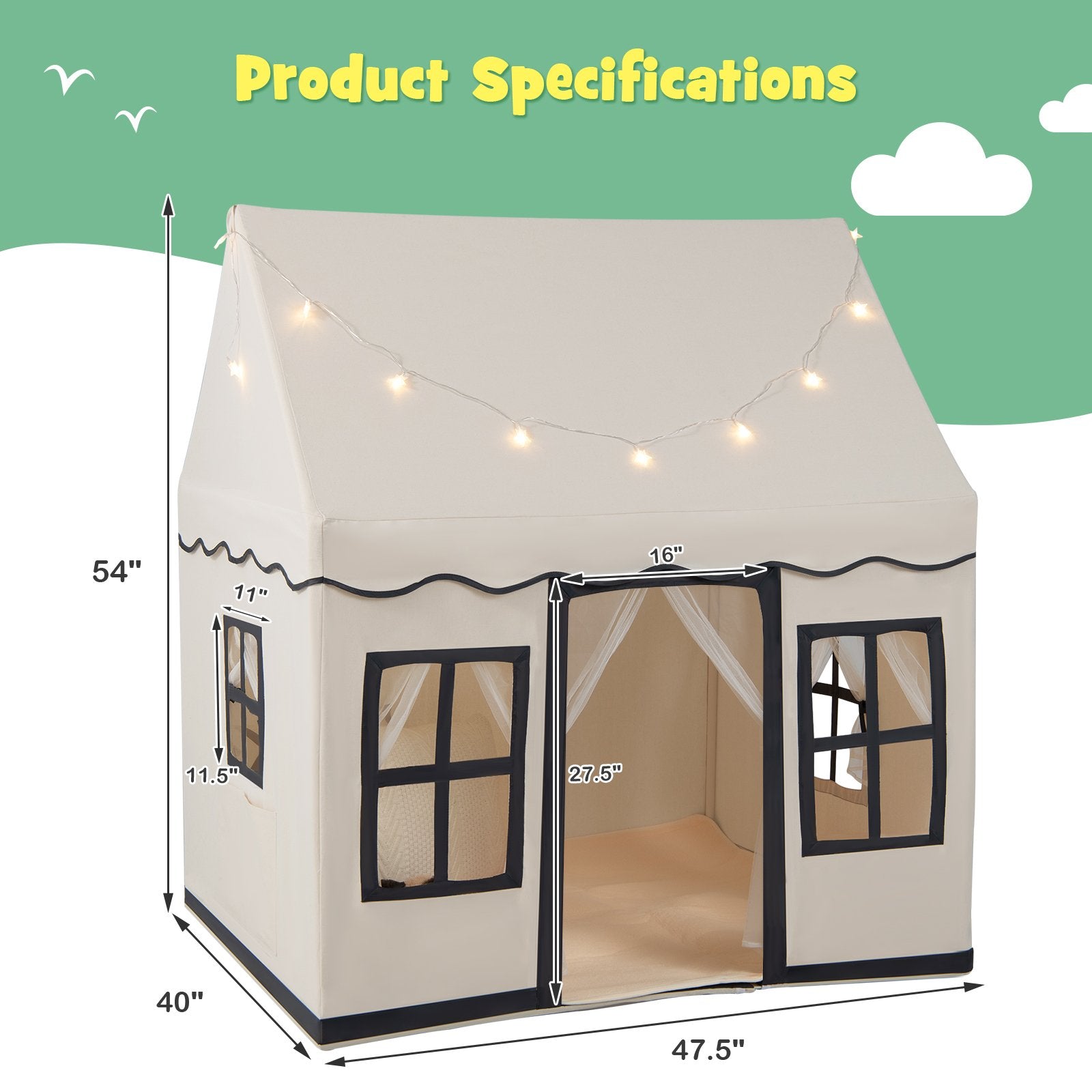 Toddler Large Playhouse with Star String Lights, Beige Play Tents & Playhouse   at Gallery Canada