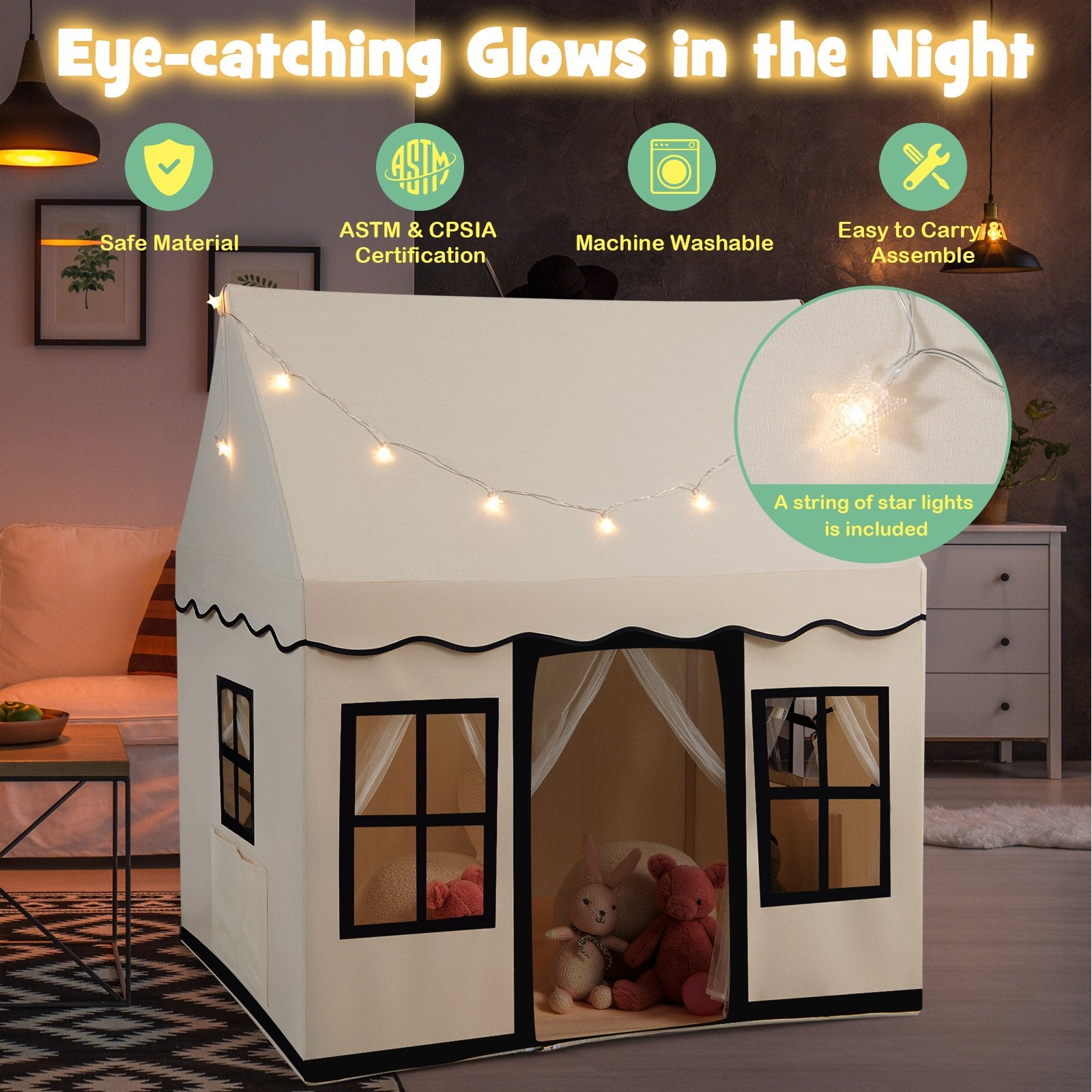 Toddler Large Playhouse with Star String Lights, Beige Play Tents & Playhouse   at Gallery Canada