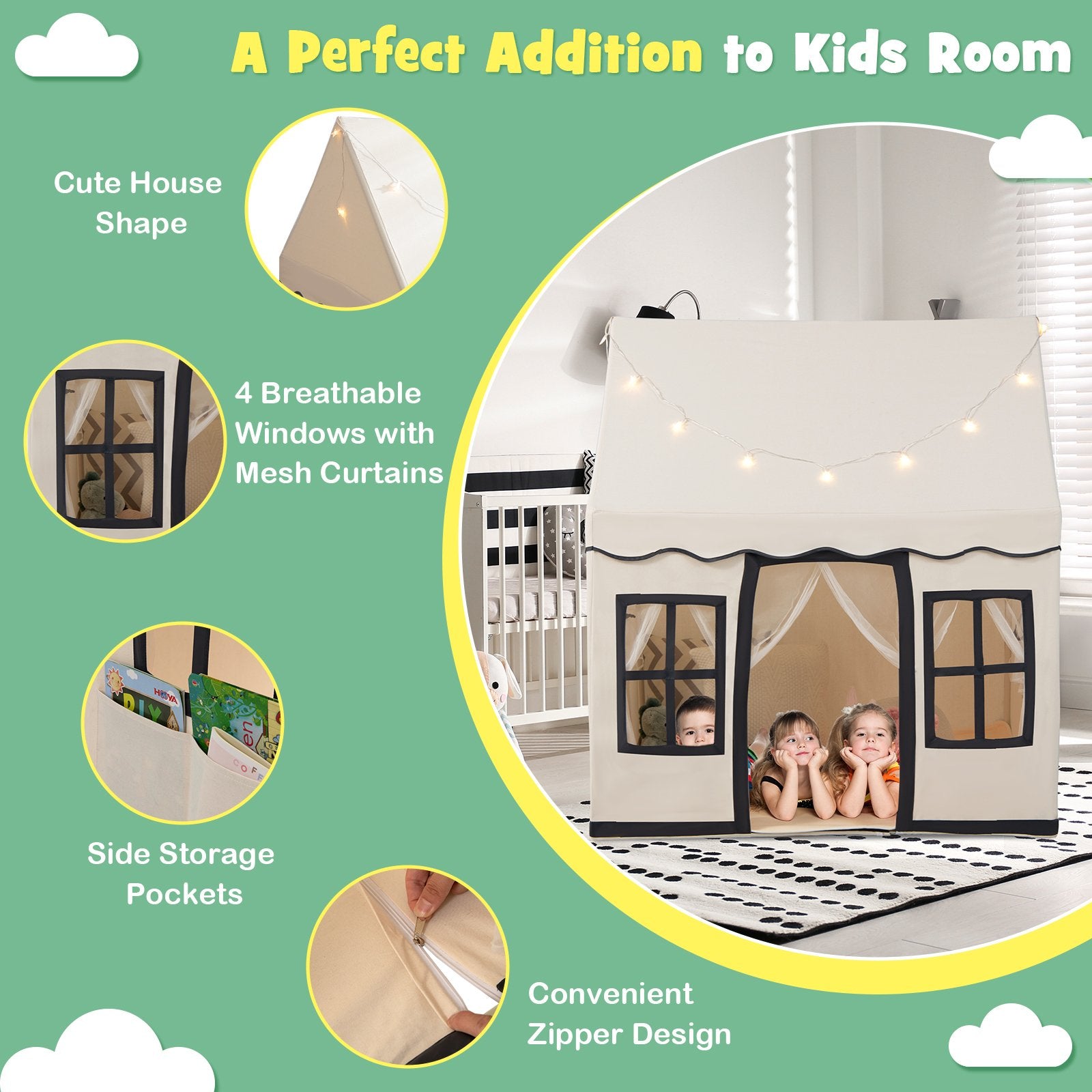 Toddler Large Playhouse with Star String Lights, Beige Play Tents & Playhouse   at Gallery Canada