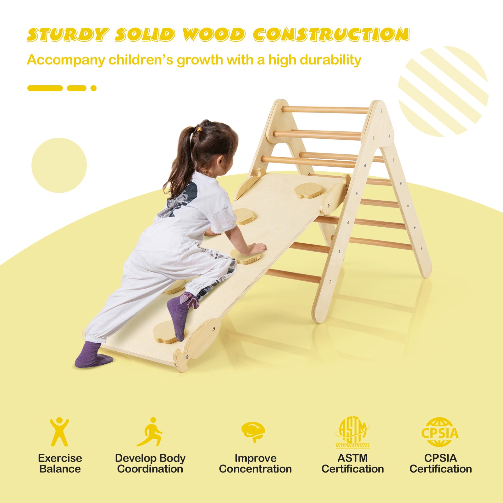 3-in-1 Wooden Climbing Triangle Set Triangle Climber with Ramp, Natural Climbers & Slides   at Gallery Canada