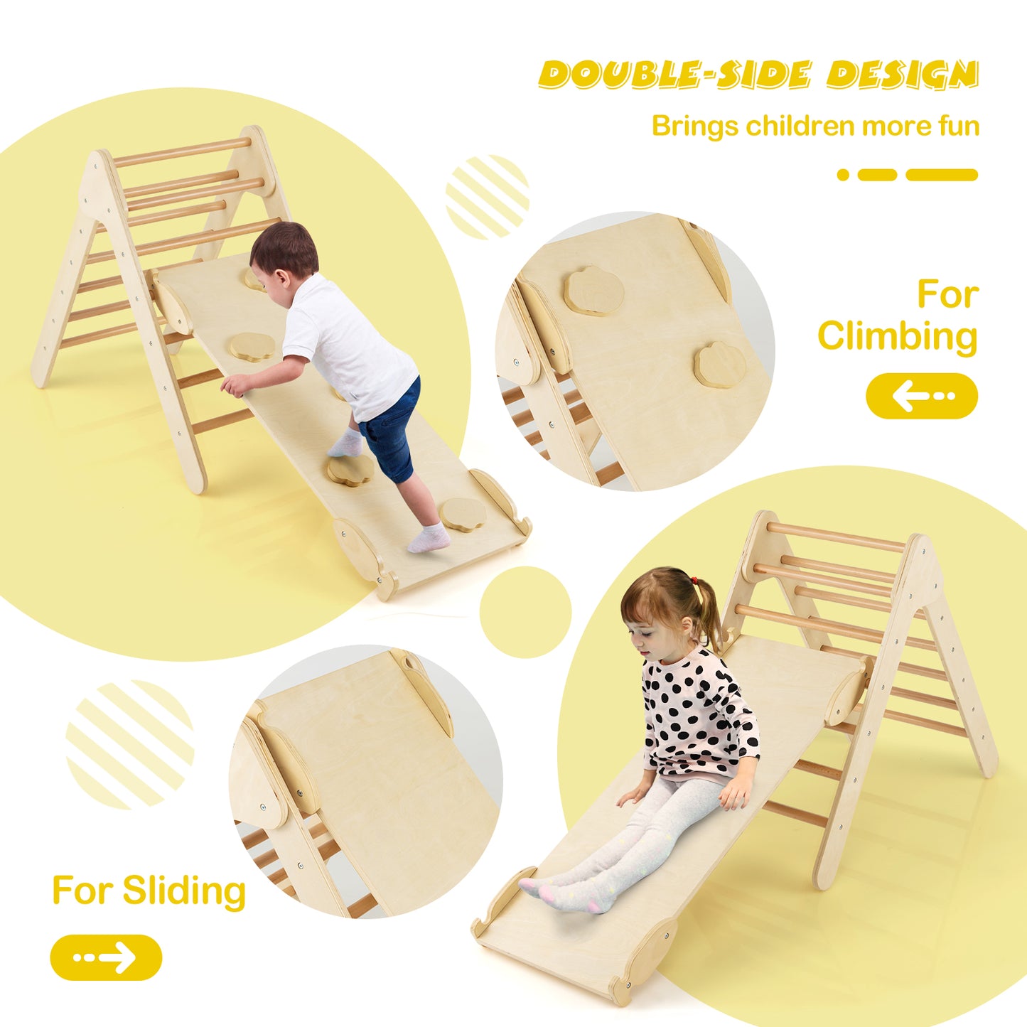 3-in-1 Wooden Climbing Triangle Set Triangle Climber with Ramp, Natural Climbers & Slides   at Gallery Canada