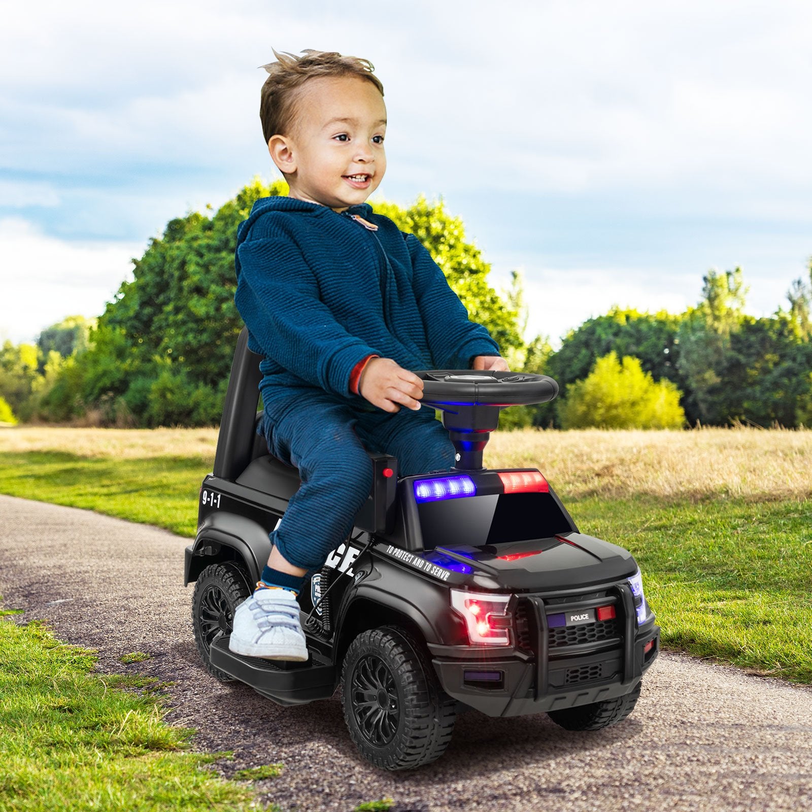 6V Kids Ride On Police Car with Real Megaphone and Siren Flashing Lights, Black Powered Ride On Toys   at Gallery Canada