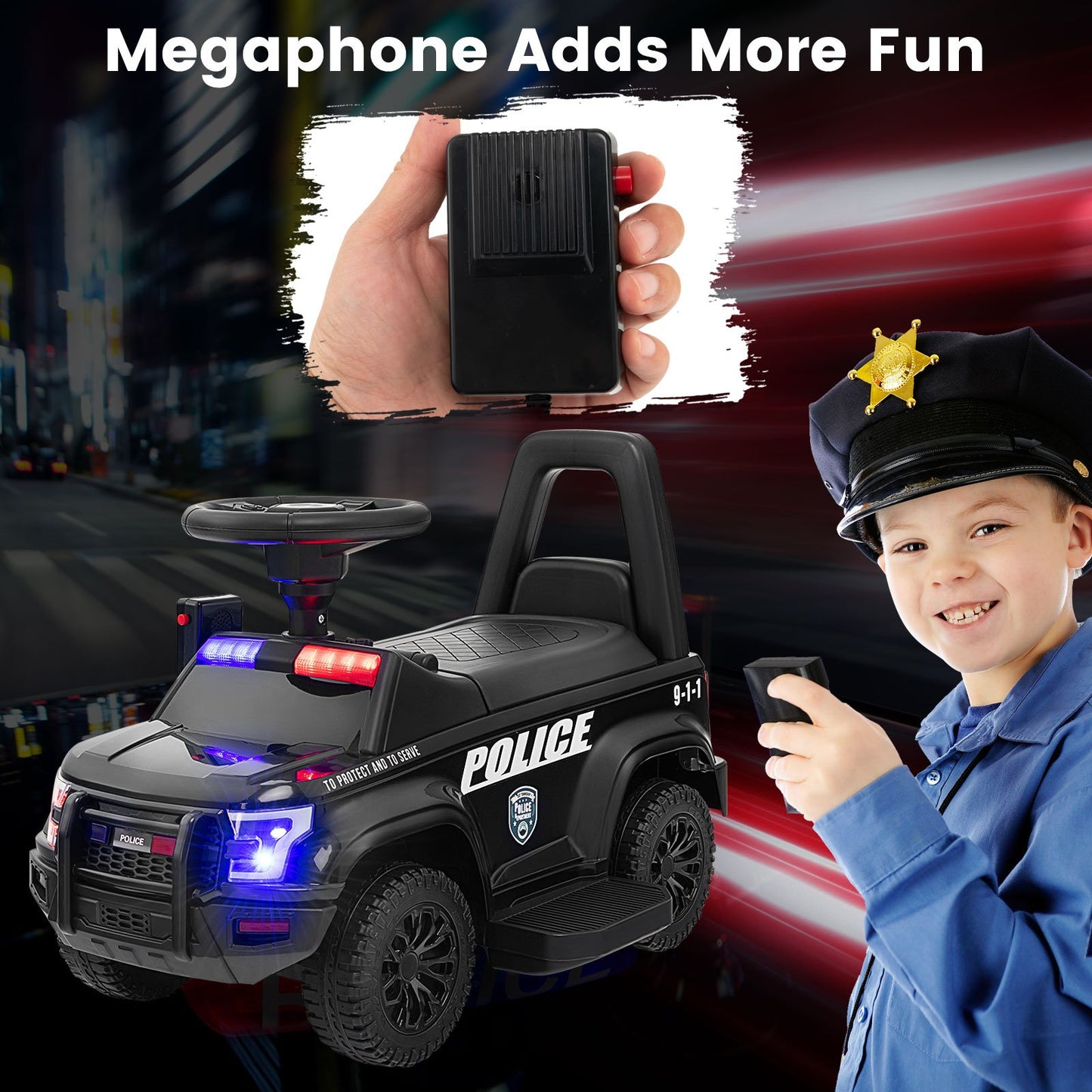 6V Kids Ride On Police Car with Real Megaphone and Siren Flashing Lights, Black Powered Ride On Toys   at Gallery Canada