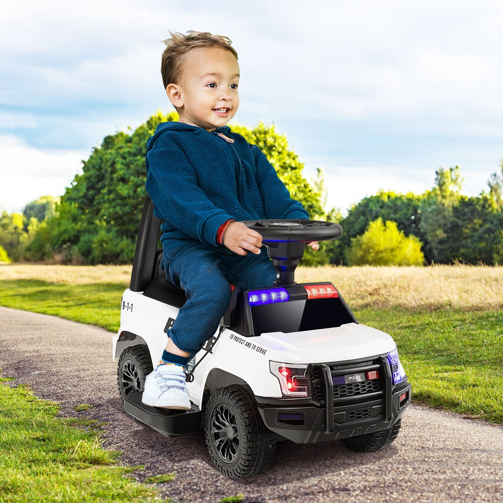 6V Kids Ride On Police Car with Real Megaphone and Siren Flashing Lights, White Powered Ride On Toys   at Gallery Canada