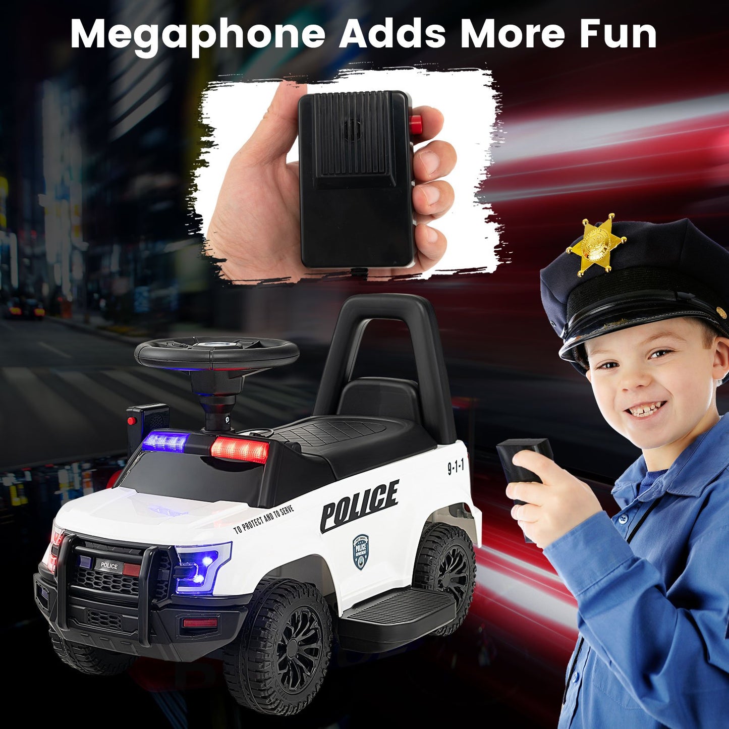 6V Kids Ride On Police Car with Real Megaphone and Siren Flashing Lights, White Powered Ride On Toys   at Gallery Canada