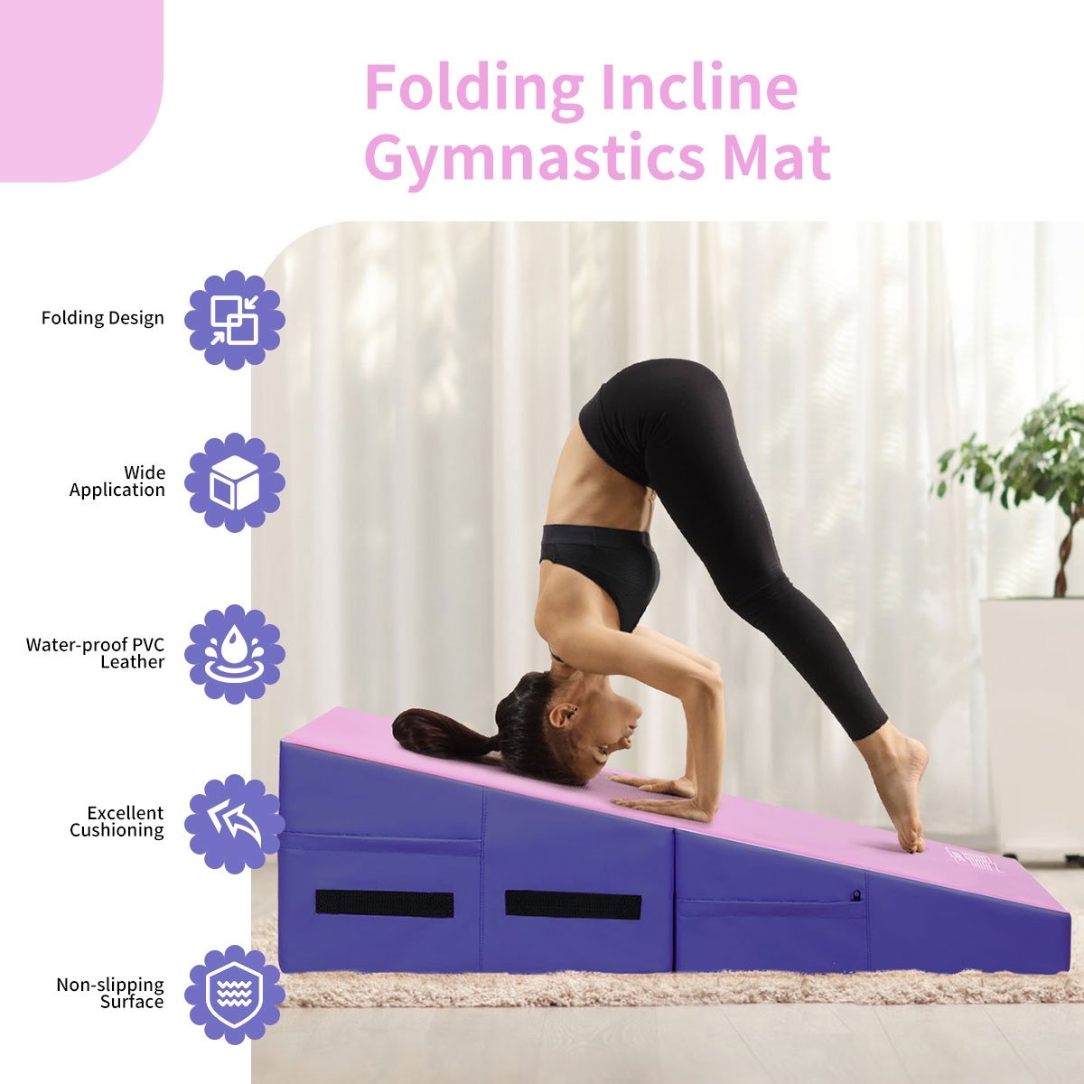 Folding Wedge Exercise Gymnastics Mat with Handles, Purple - Gallery Canada