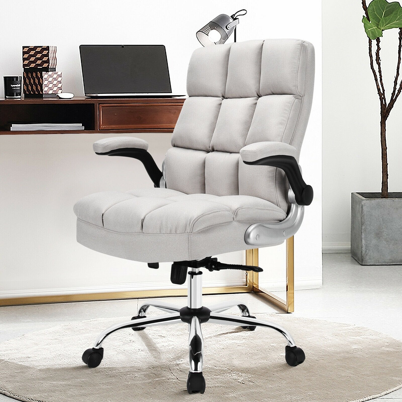 Adjustable Swivel Office Chair with High Back and Flip-up Arm for Home and Office, Beige - Gallery Canada