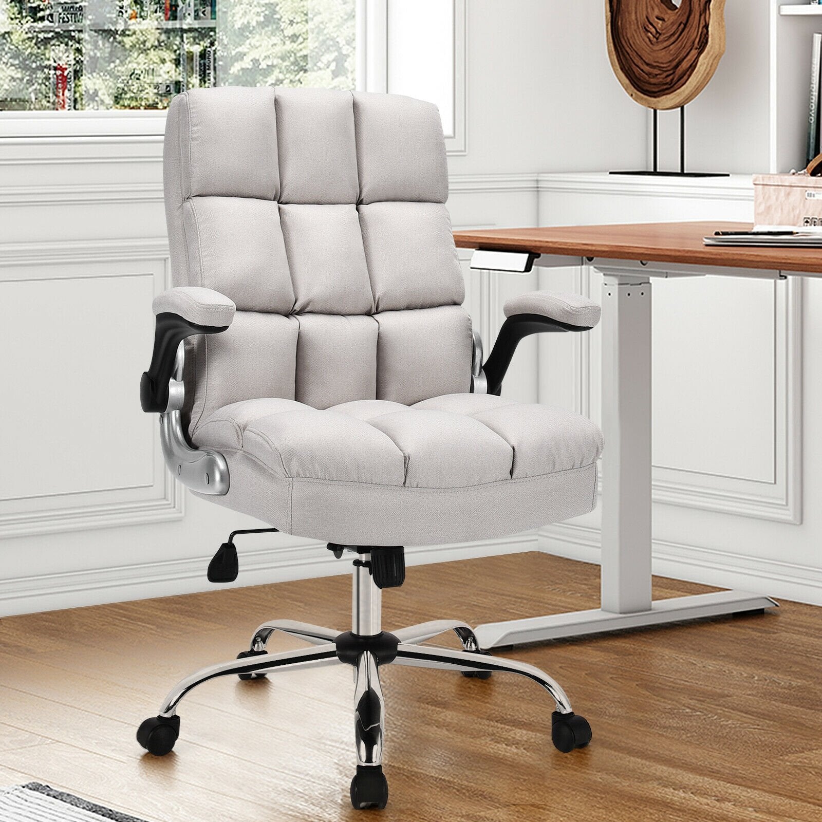 Adjustable Swivel Office Chair with High Back and Flip-up Arm for Home and Office, Beige - Gallery Canada