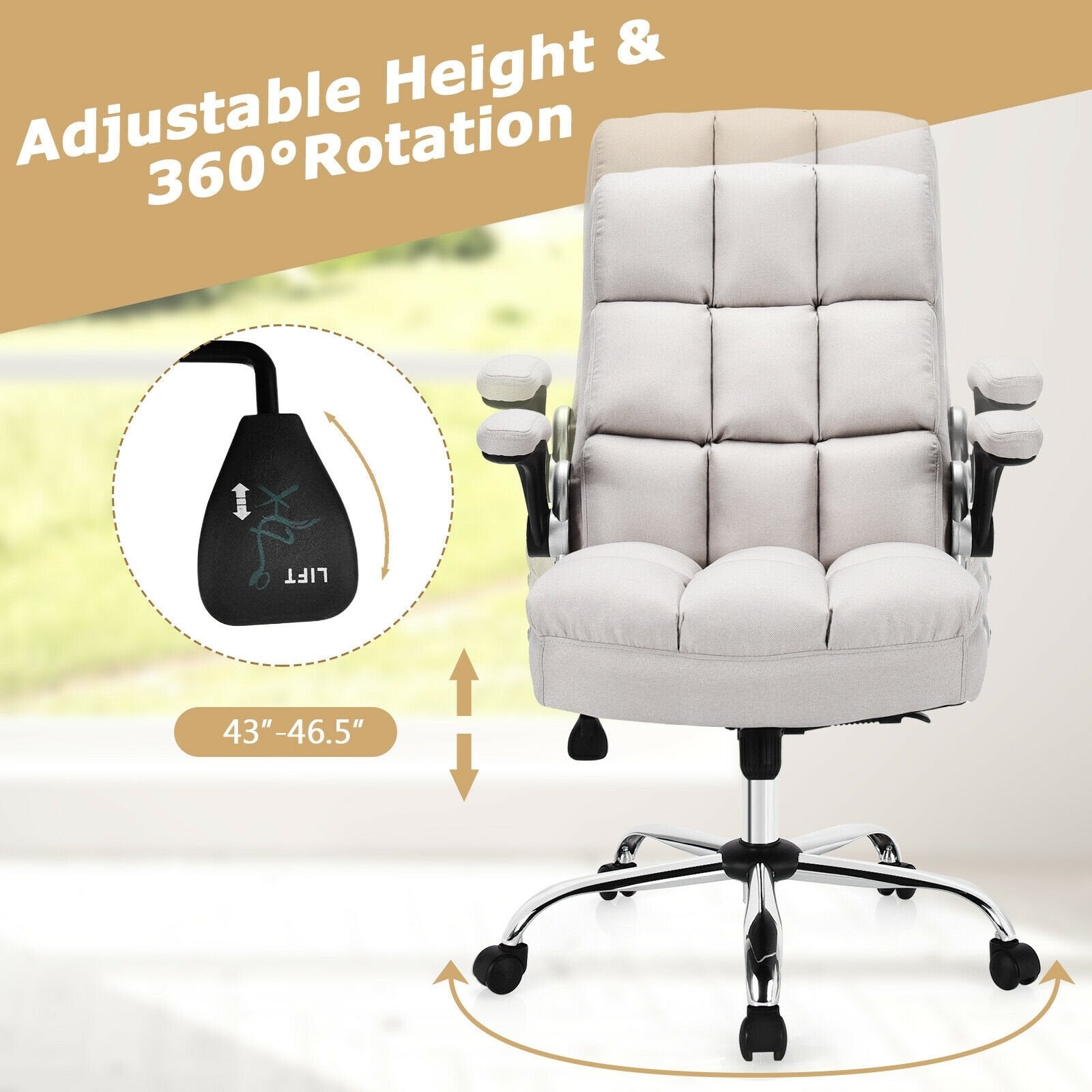 Adjustable Swivel Office Chair with High Back and Flip-up Arm for Home and Office, Beige - Gallery Canada