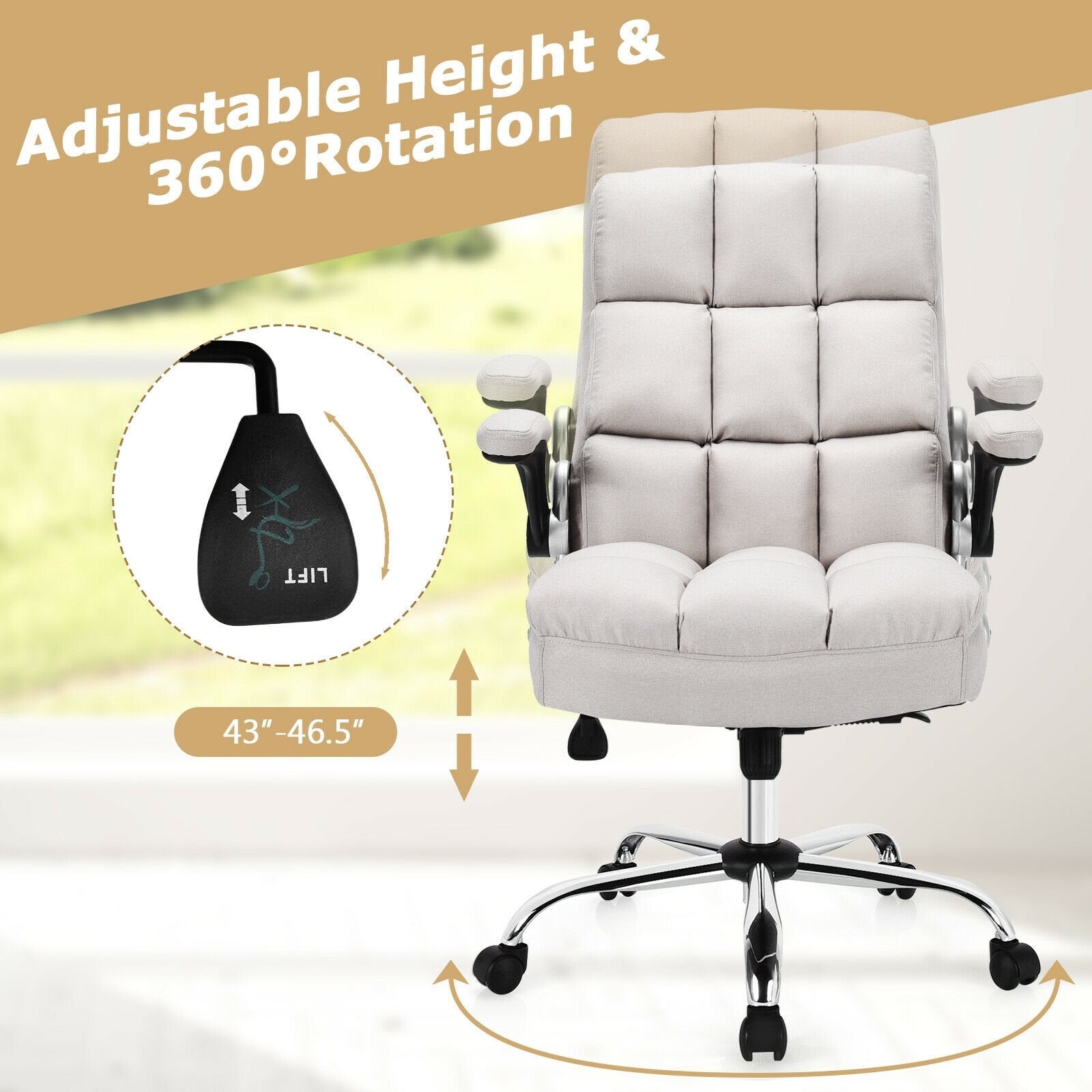 Adjustable Swivel Office Chair with High Back and Flip-up Arm for Home and Office, Beige Leisure Chairs   at Gallery Canada