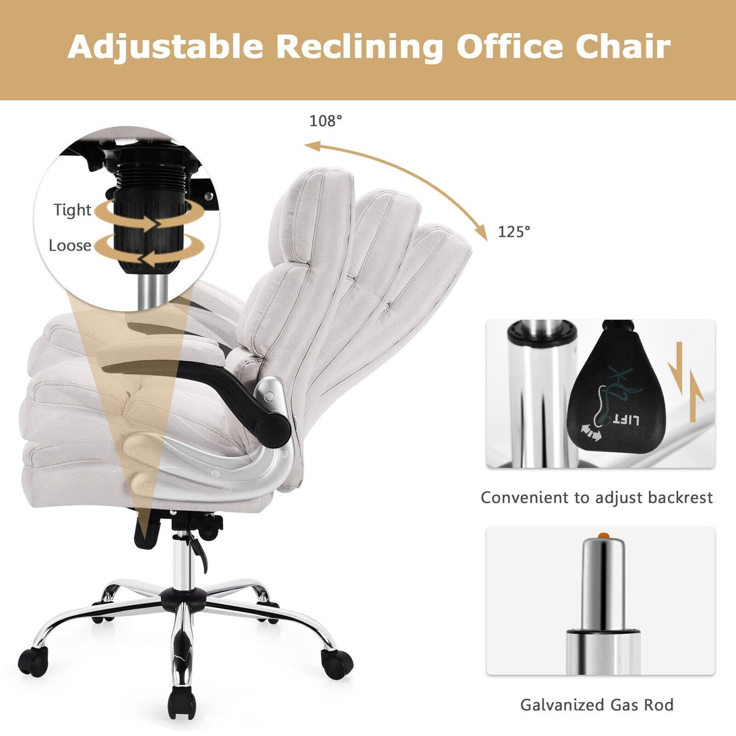 Adjustable Swivel Office Chair with High Back and Flip-up Arm for Home and Office, Beige - Gallery Canada