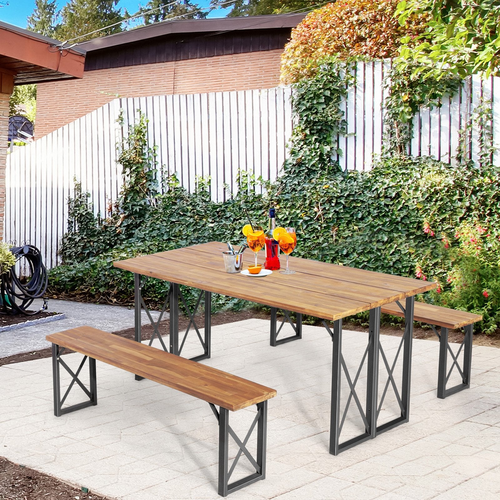 6-Person Outdoor Patio Dining Table Set with 2 Inch Umbrella Hole, Natural Picnic Tables   at Gallery Canada