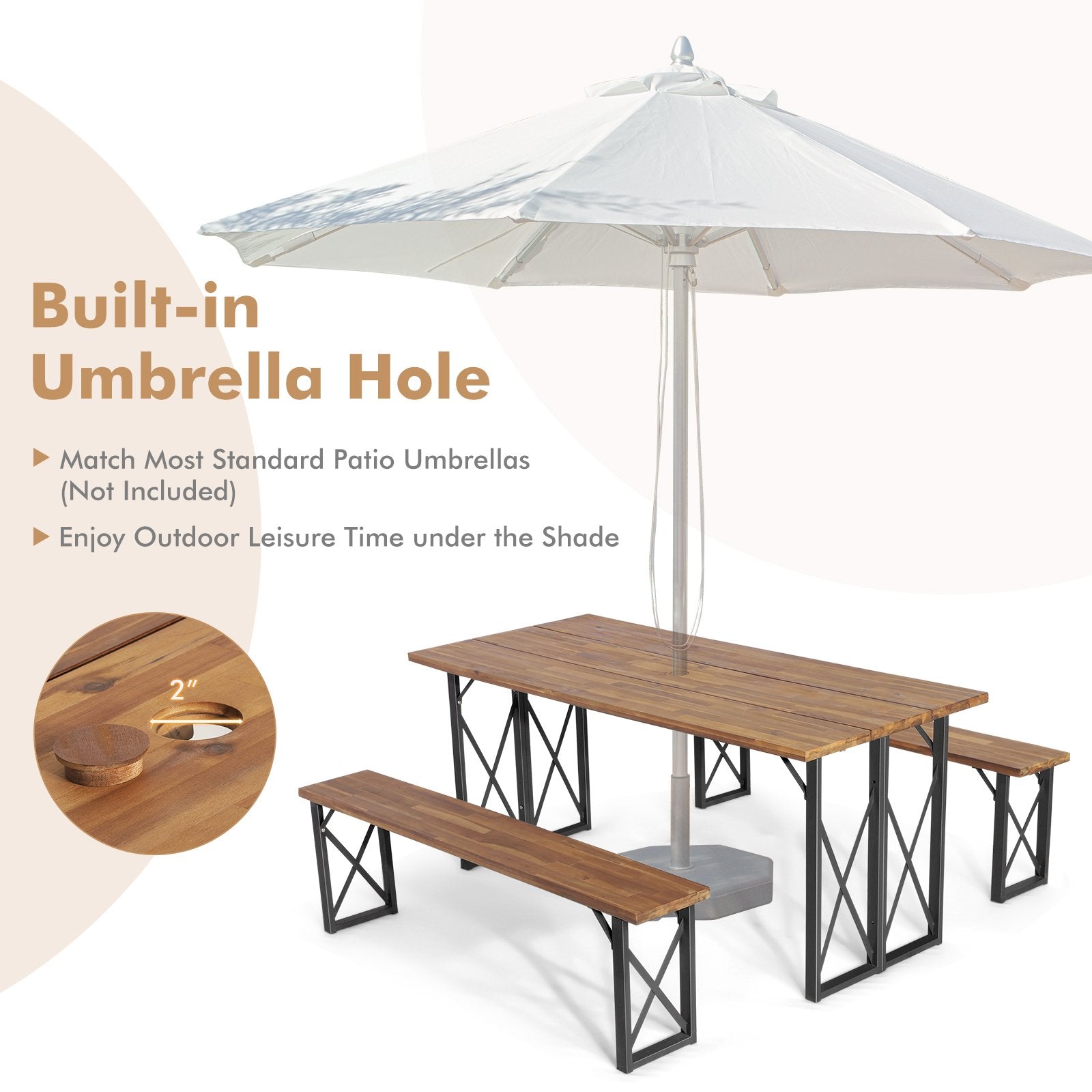 6-Person Outdoor Patio Dining Table Set with 2 Inch Umbrella Hole, Natural Picnic Tables   at Gallery Canada