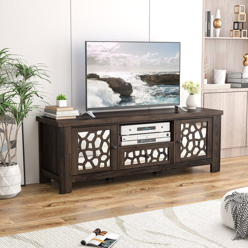 55 Inch Retro TV Stand Media Entertainment Center with Mirror Doors and Drawer, Dark Brown