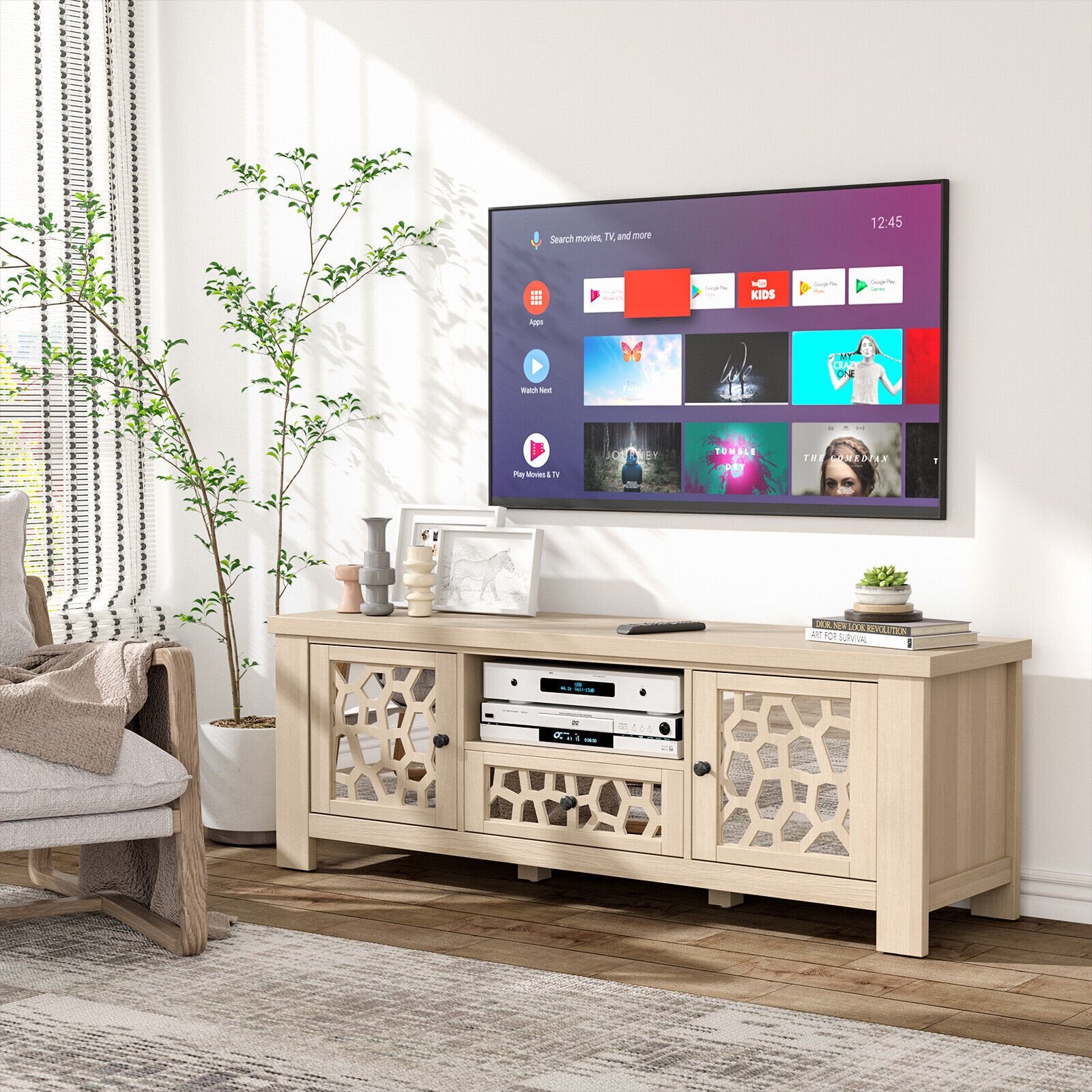 55 Inch Retro TV Stand Media Entertainment Center with Mirror Doors and Drawer, Natural - Gallery Canada