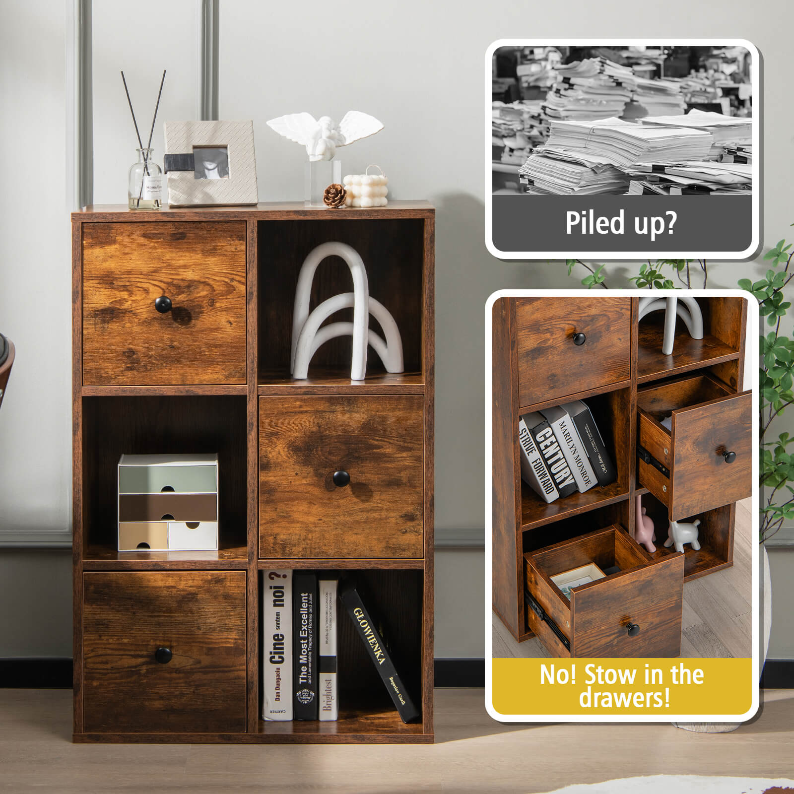 3-Tier Bookshelf with Anti-toppling Device for Living Room, Brown Bookcases   at Gallery Canada