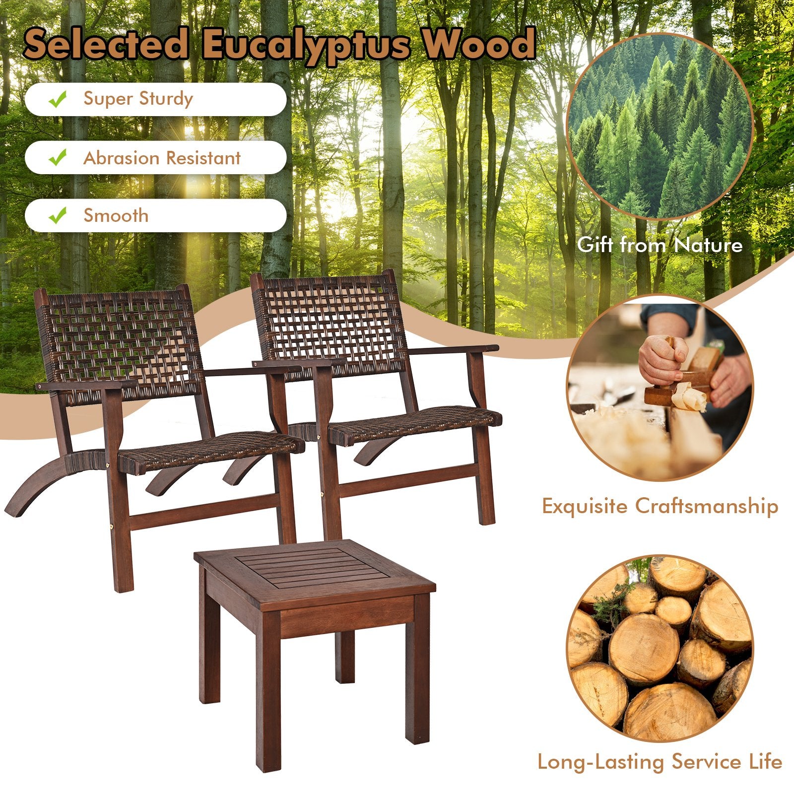 3 Pieces Outdoor Wooden Patio Rattan Furniture Set, Brown Patio Conversation Sets   at Gallery Canada