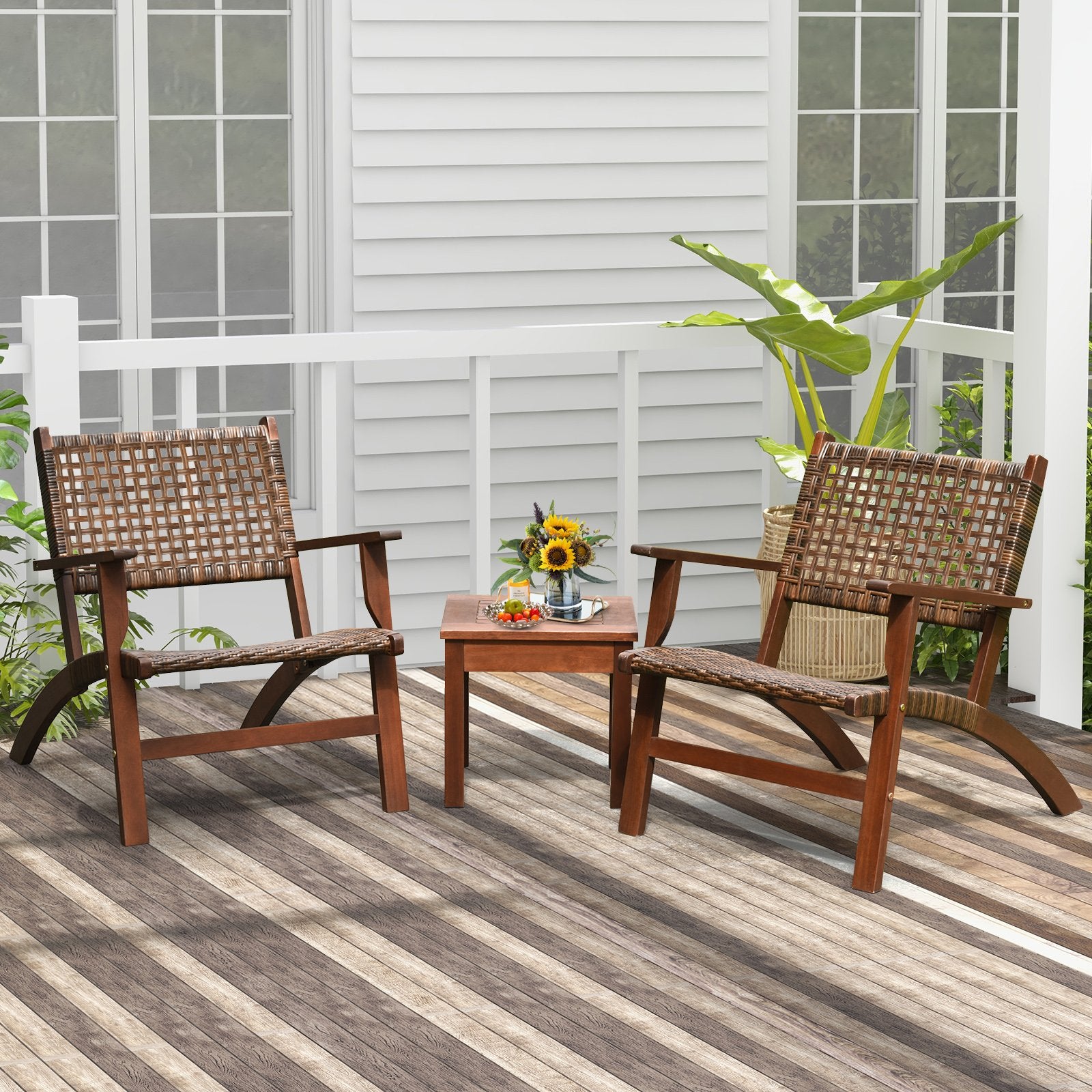 3 Pieces Outdoor Wooden Patio Rattan Furniture Set, Brown Patio Conversation Sets   at Gallery Canada