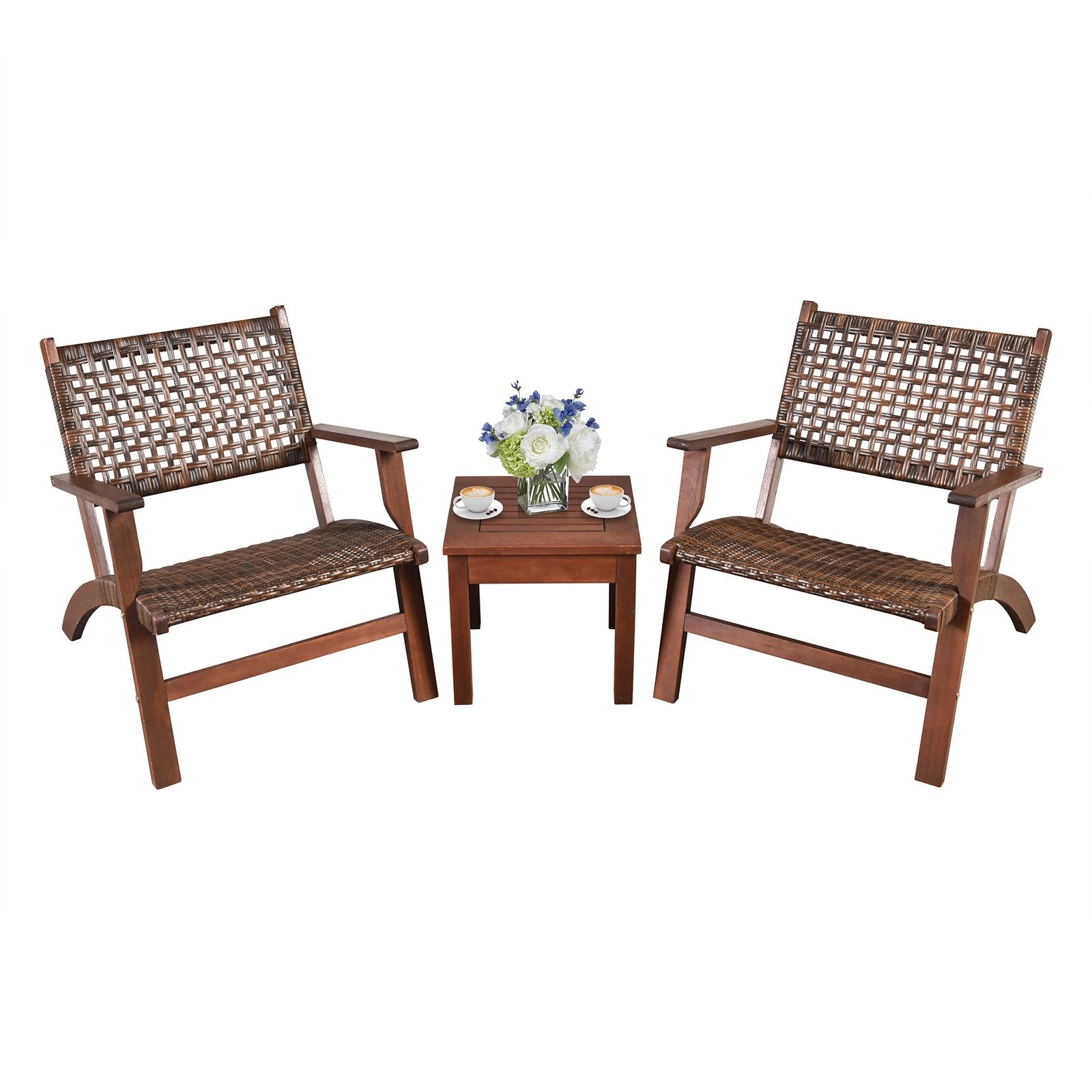 3 Pieces Outdoor Wooden Patio Rattan Furniture Set, Brown Patio Conversation Sets   at Gallery Canada