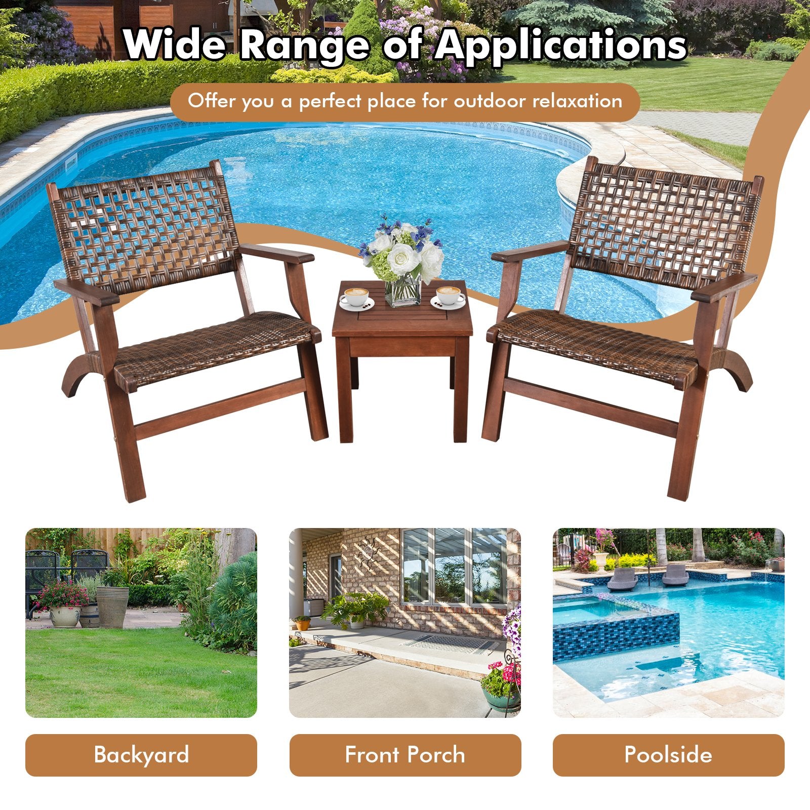 3 Pieces Outdoor Wooden Patio Rattan Furniture Set, Brown Patio Conversation Sets   at Gallery Canada