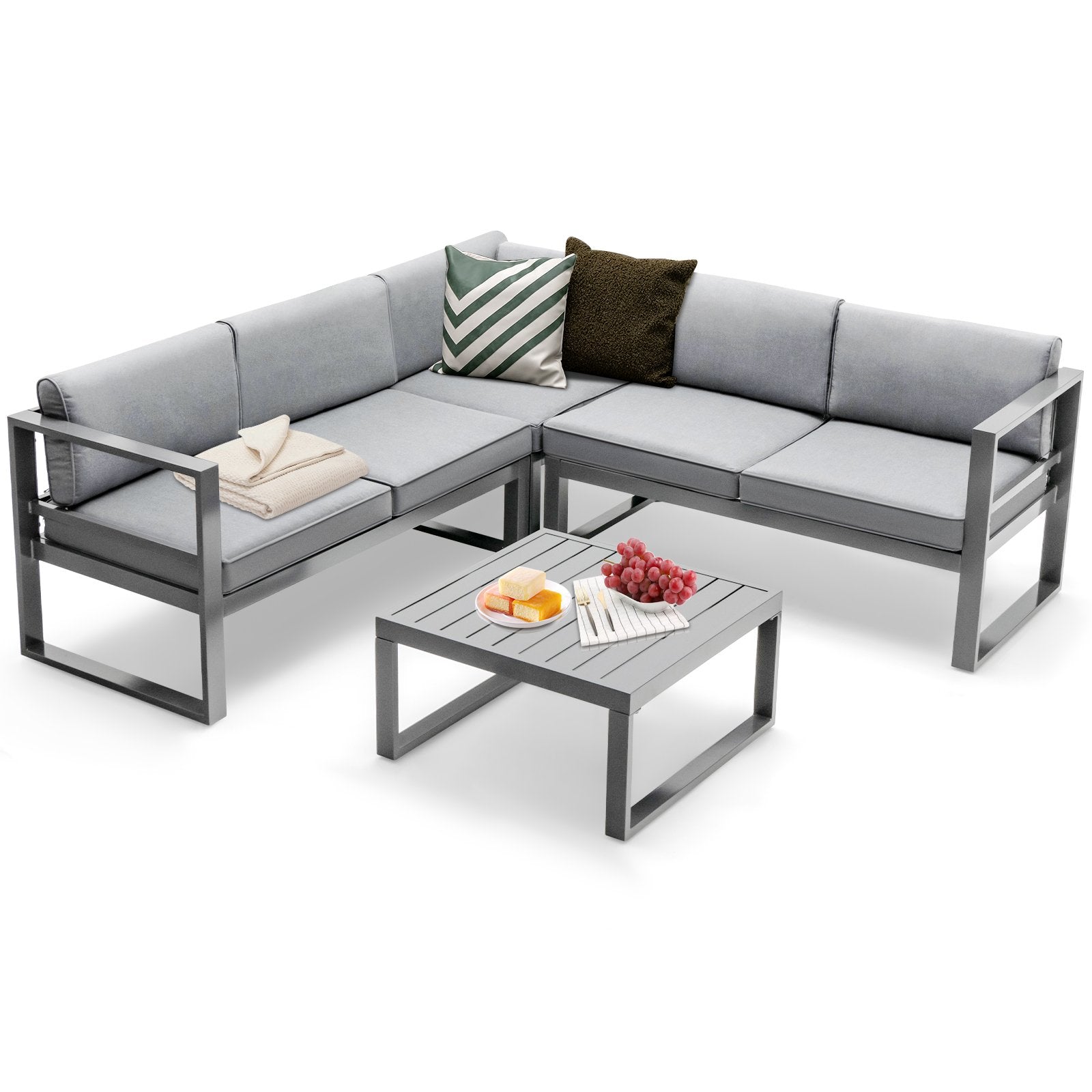 4 Pieces Aluminum Patio Furniture Set with Thick Seat and Back Cushions, Gray Outdoor Sectionals   at Gallery Canada