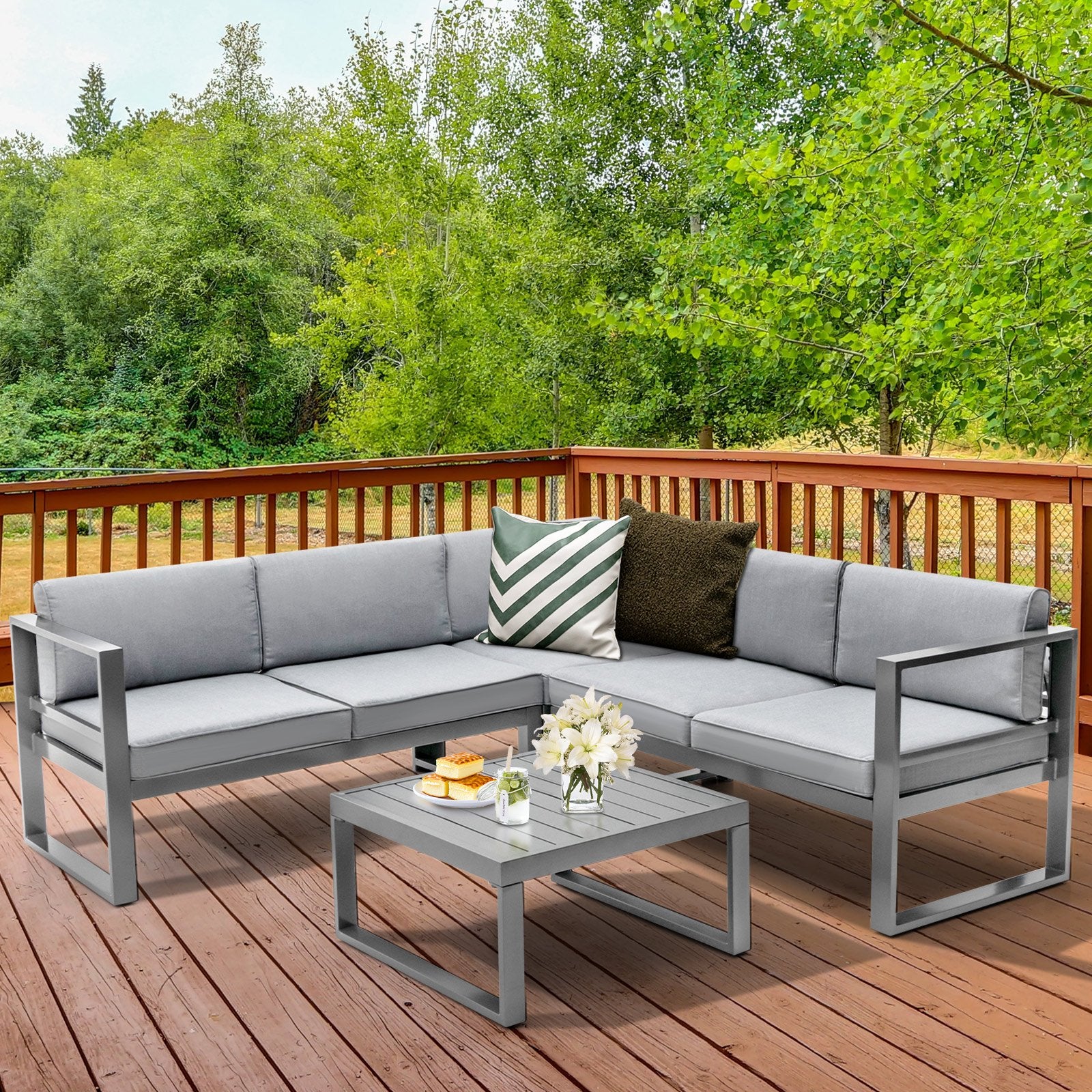 4 Pieces Aluminum Patio Furniture Set with Thick Seat and Back Cushions, Gray Outdoor Sectionals   at Gallery Canada