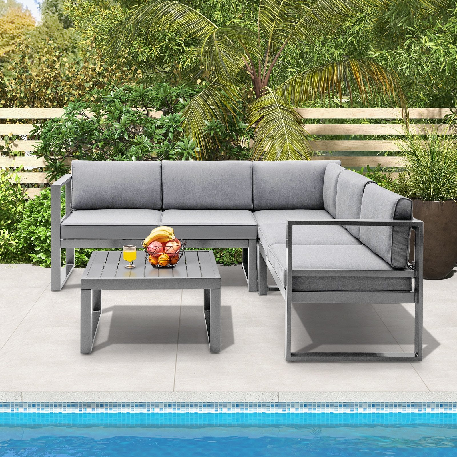 4 Pieces Aluminum Patio Furniture Set with Thick Seat and Back Cushions, Gray Outdoor Sectionals   at Gallery Canada