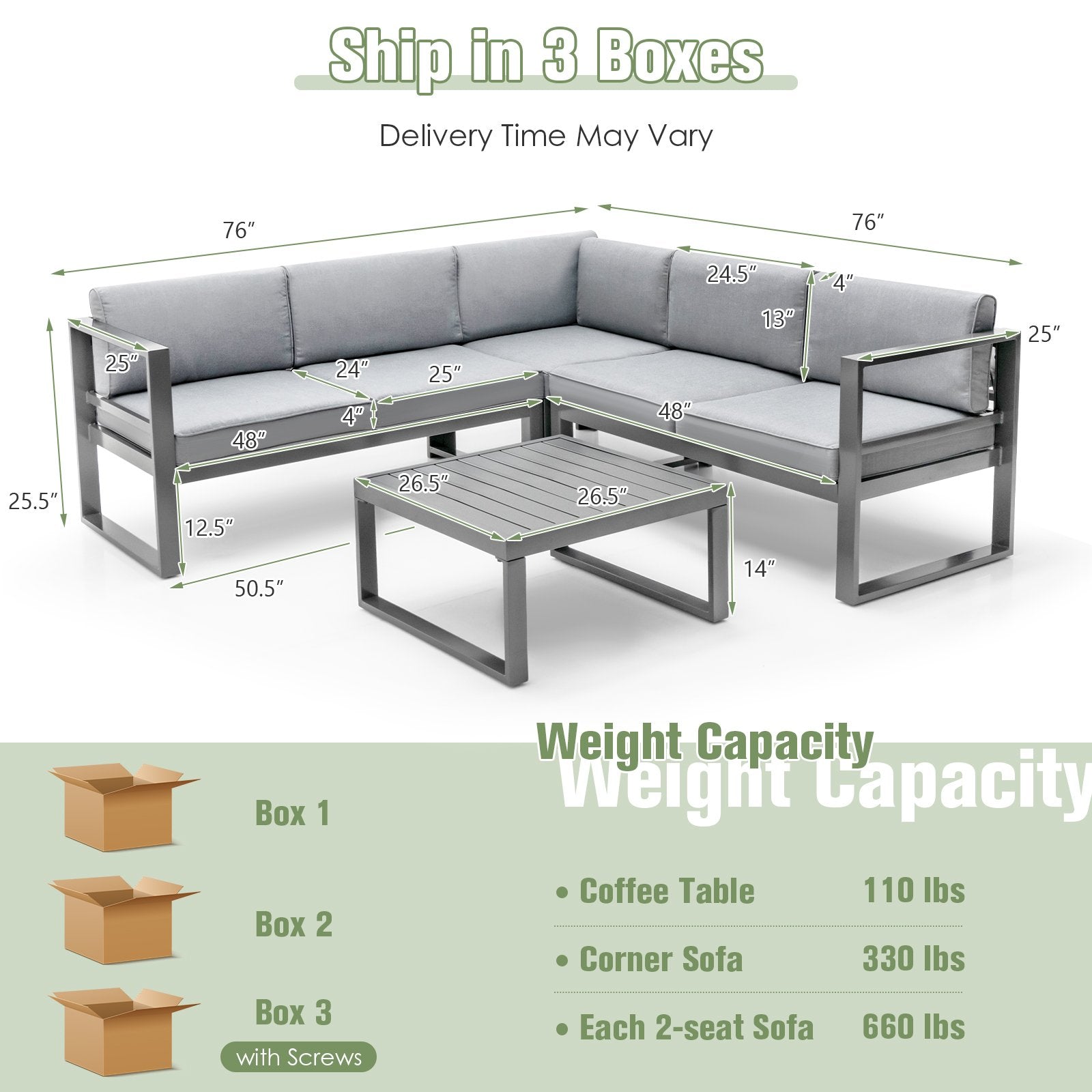 4 Pieces Aluminum Patio Furniture Set with Thick Seat and Back Cushions, Gray Outdoor Sectionals   at Gallery Canada