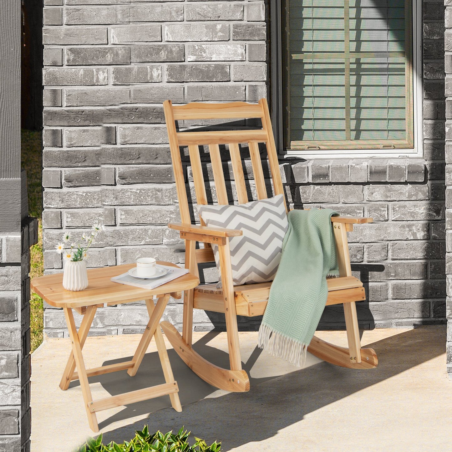 Front Porch Rocking Chair and Foldable Table Set for Outdoors, Natural Patio Rocking Chairs & Gliders   at Gallery Canada