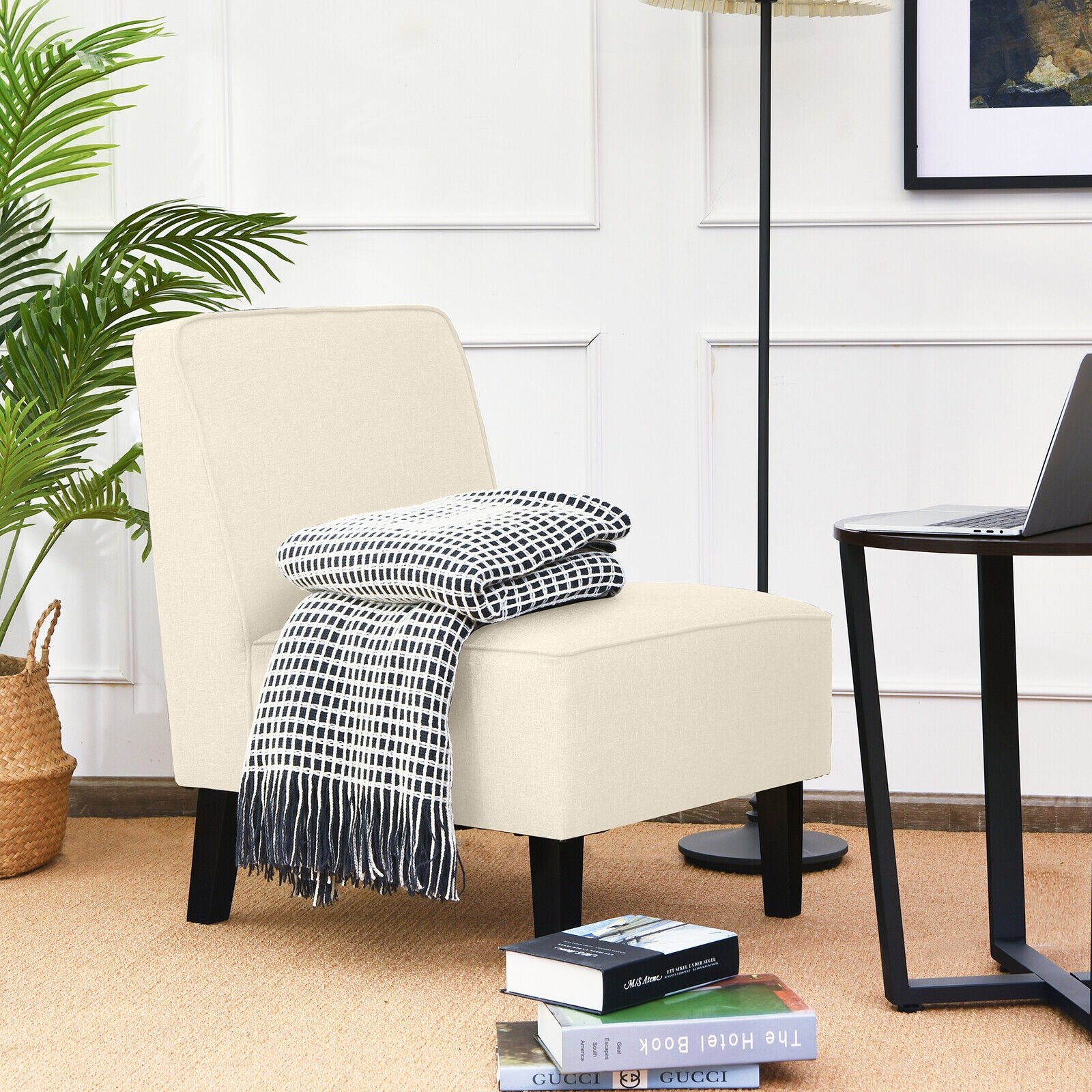 Modern Armless Accent Chair with Rubber Wood Legs, Beige Accent Chairs   at Gallery Canada