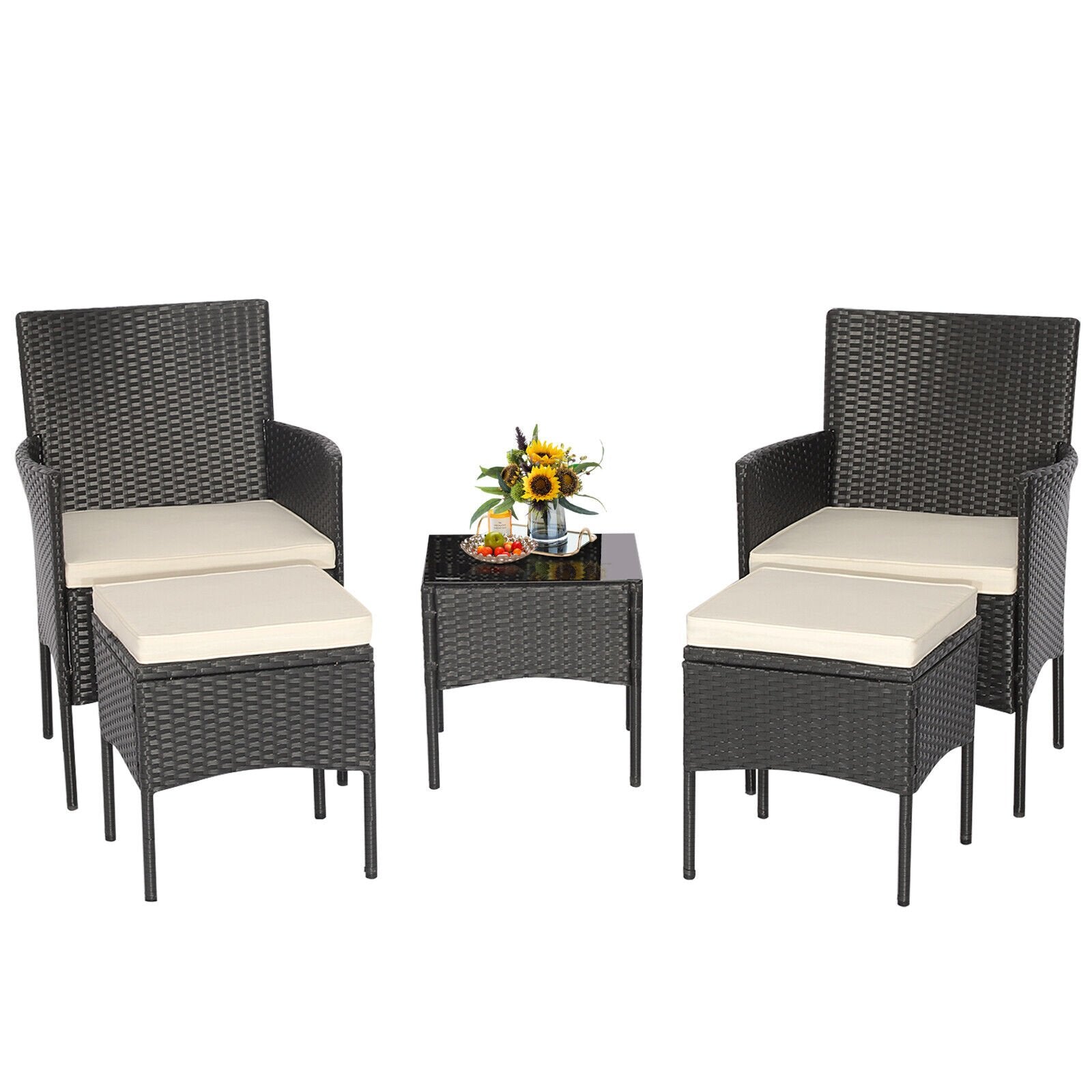 5 Pieces Outdoor Wicker Sofa Set with Coffee Table and 2 Ottomans, White Patio Conversation Sets   at Gallery Canada