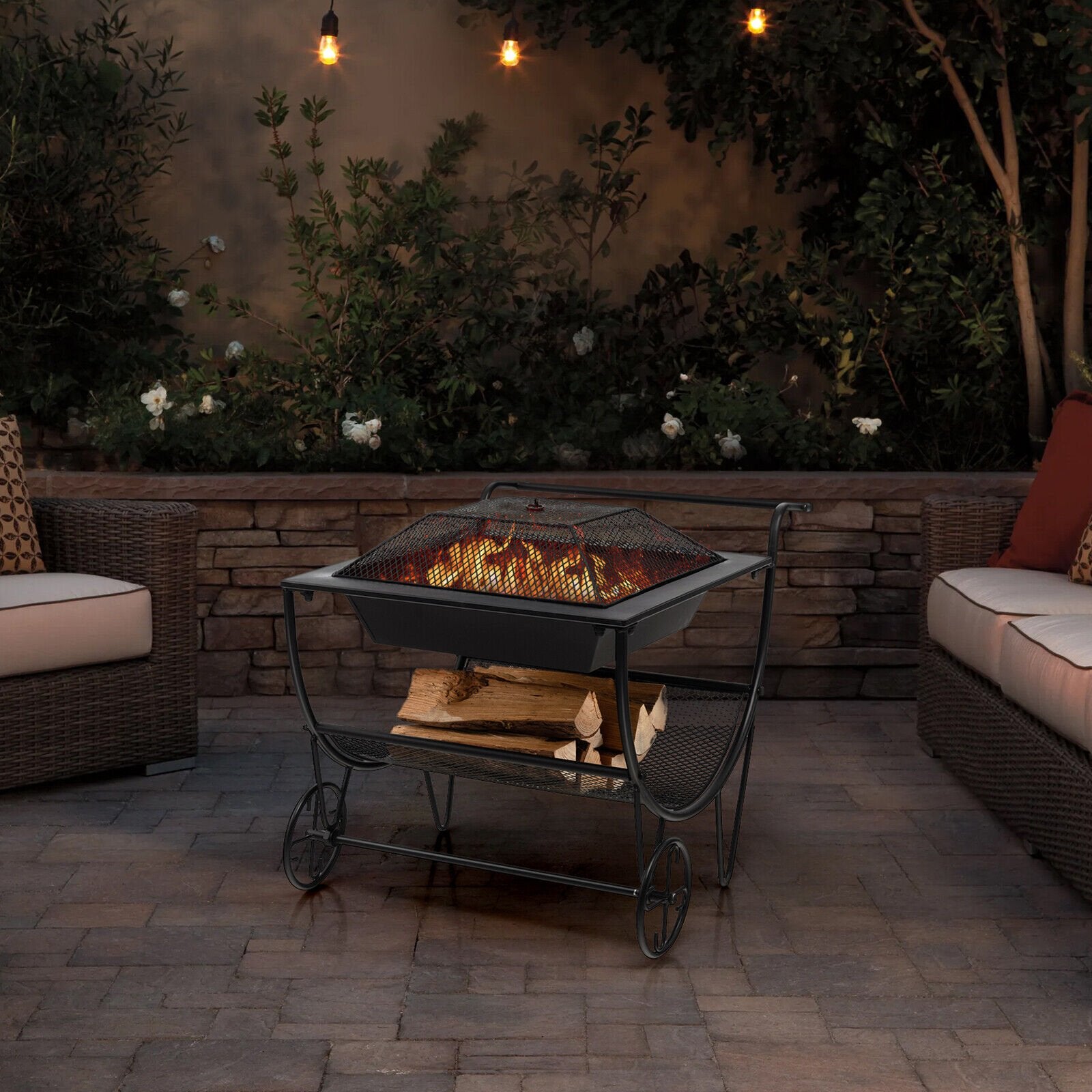 Outdoor Wood Burning Fire Pit with Log Storage Rack and Wheels, Black Fire Pits   at Gallery Canada