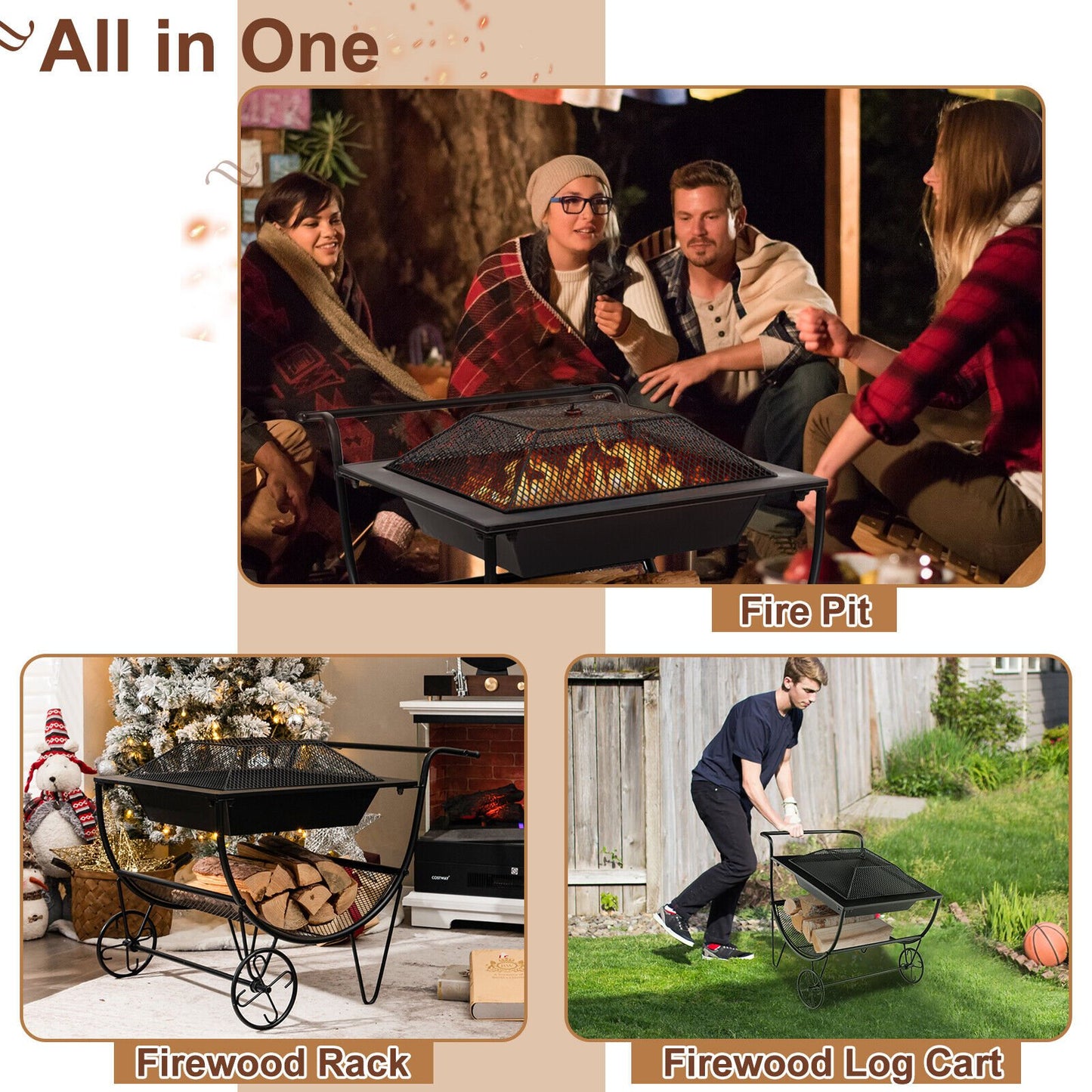 Outdoor Wood Burning Fire Pit with Log Storage Rack and Wheels, Black - Gallery Canada