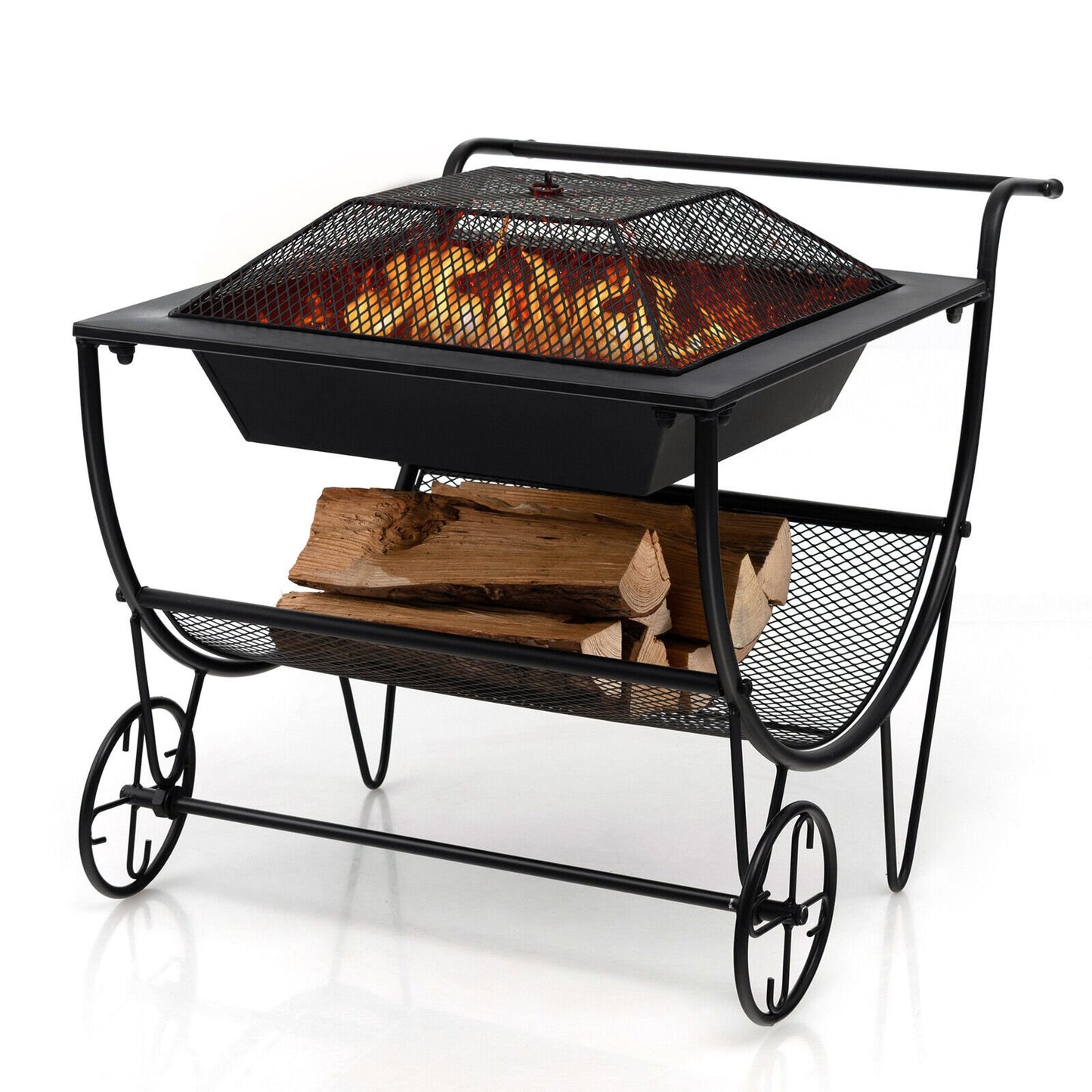 Outdoor Wood Burning Fire Pit with Log Storage Rack and Wheels, Black Fire Pits   at Gallery Canada