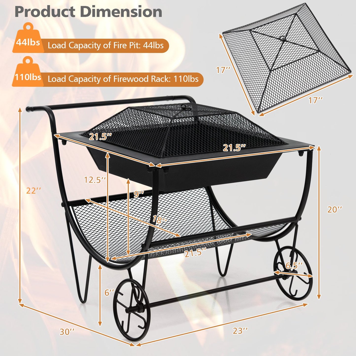 Outdoor Wood Burning Fire Pit with Log Storage Rack and Wheels, Black Fire Pits   at Gallery Canada