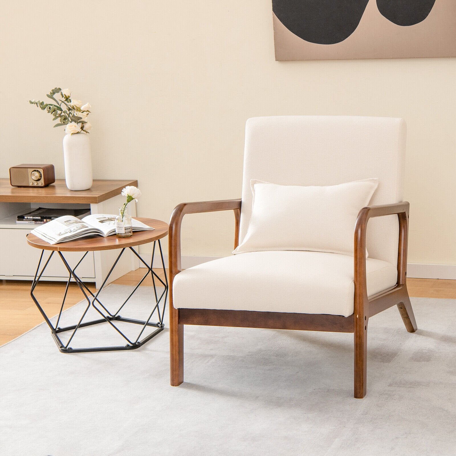 Modern Accent Chair with Rubber Wood Frame and Lumbar Pillow, Beige Accent Chairs   at Gallery Canada