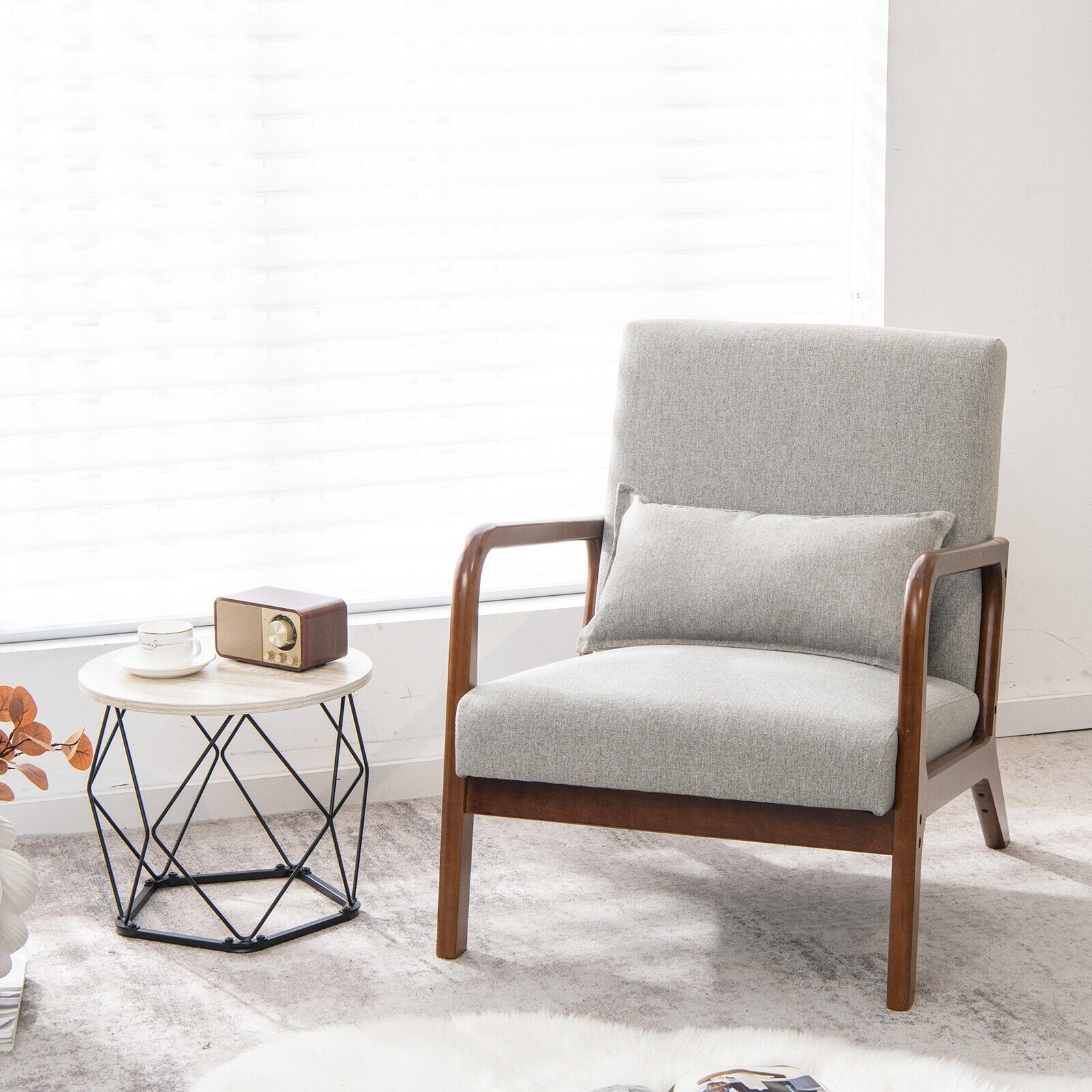 Modern Accent Chair with Rubber Wood Frame and Lumbar Pillow, Gray Accent Chairs   at Gallery Canada