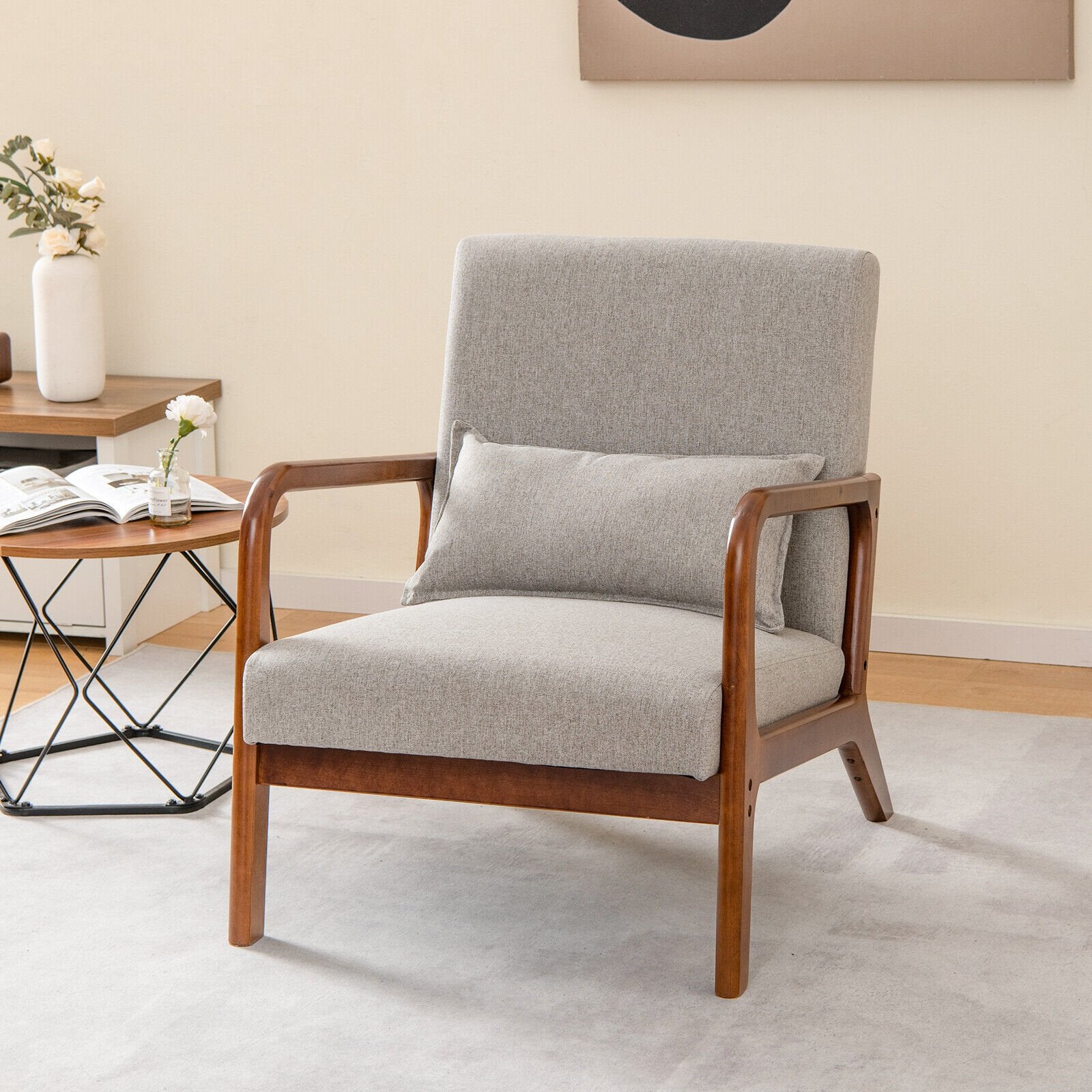 Modern Accent Chair with Rubber Wood Frame and Lumbar Pillow, Gray Accent Chairs   at Gallery Canada