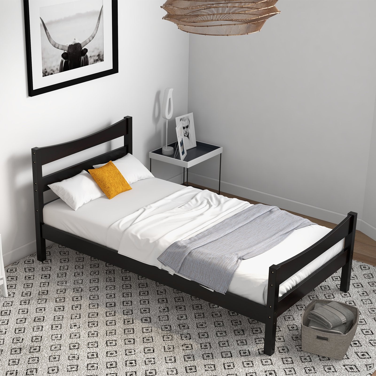 Twin Size Platform Bed Frame Foundation Slat Support , Dark Brown Simple Bed Frame   at Gallery Canada