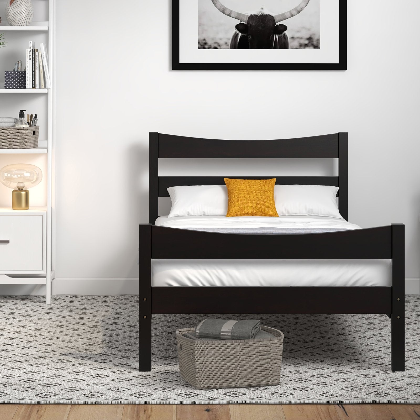 Twin Size Platform Bed Frame Foundation Slat Support , Dark Brown Simple Bed Frame   at Gallery Canada