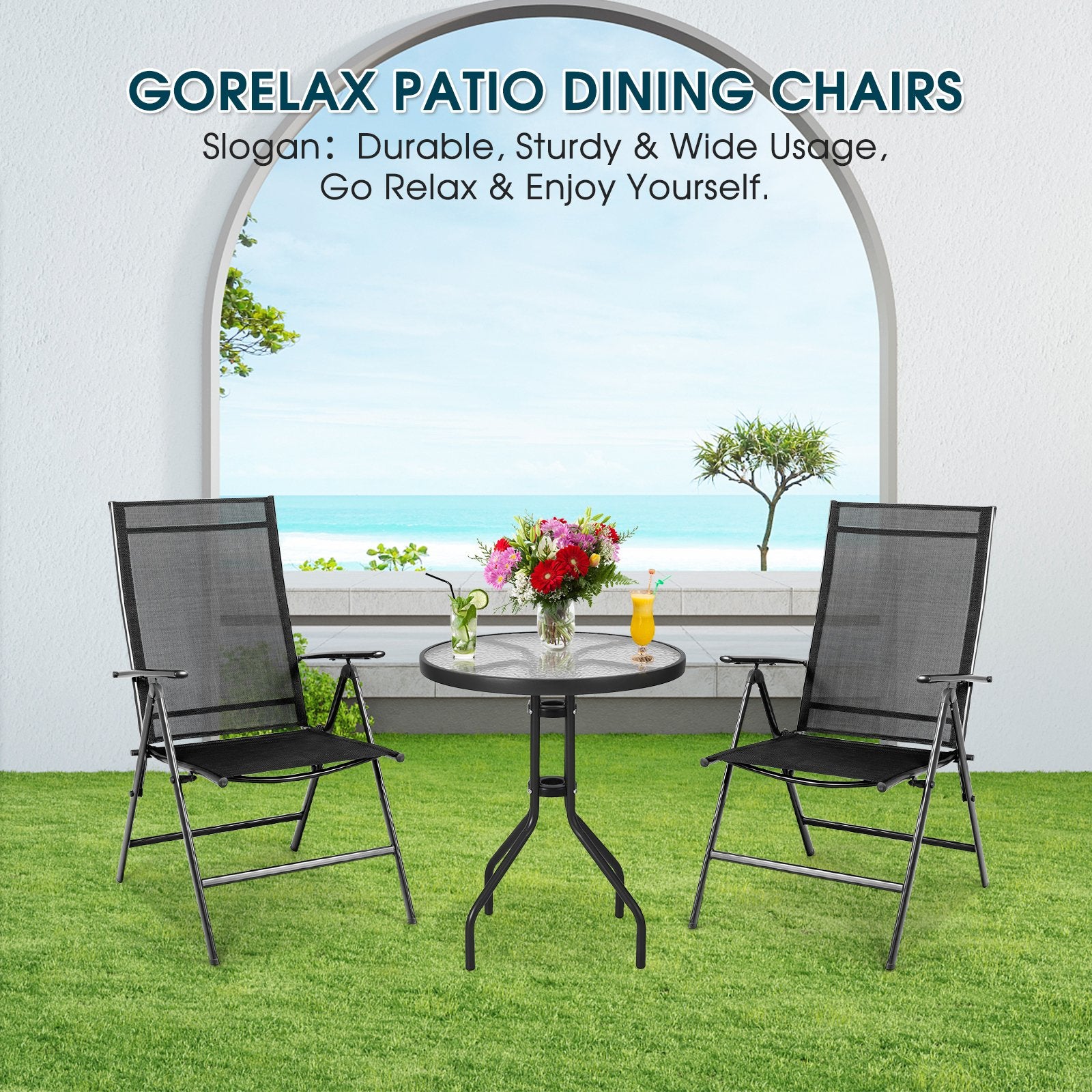 Set of 2 Adjustable Portable Patio Folding Dining Chair Recliners, Black Patio Dining Chairs   at Gallery Canada