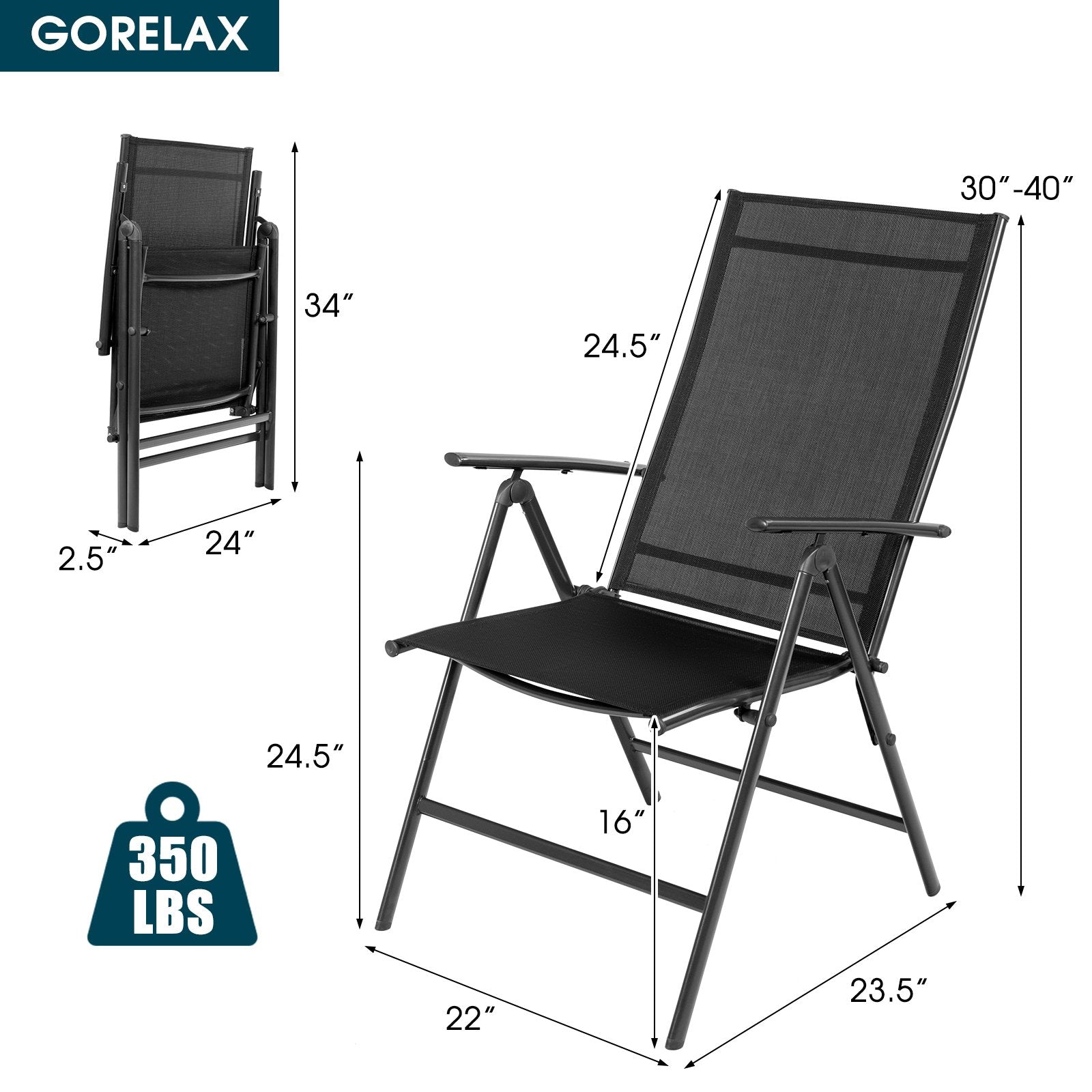 Set of 2 Adjustable Portable Patio Folding Dining Chair Recliners, Black Patio Dining Chairs   at Gallery Canada