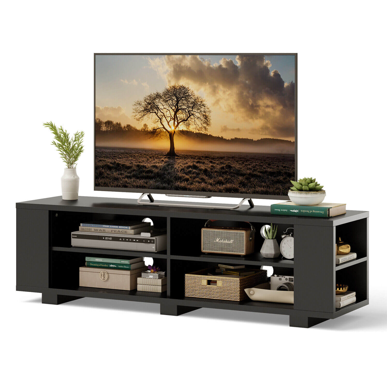 59 Inch Console Storage Entertainment Media Wood TV Stand, Black Entertainment Centers & TV Stands   at Gallery Canada