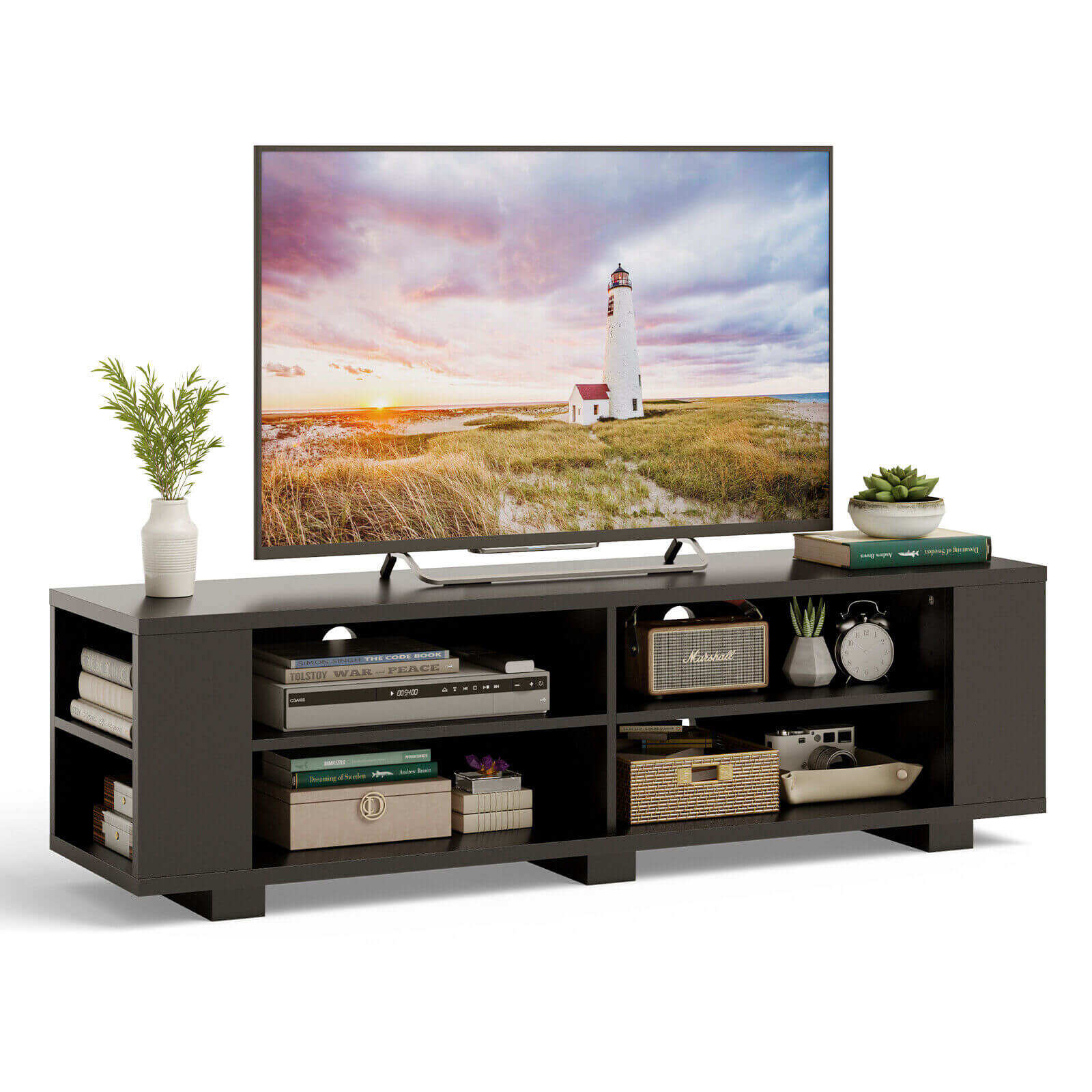 59 Inch Console Storage Entertainment Media Wood TV Stand, Black Entertainment Centers & TV Stands   at Gallery Canada