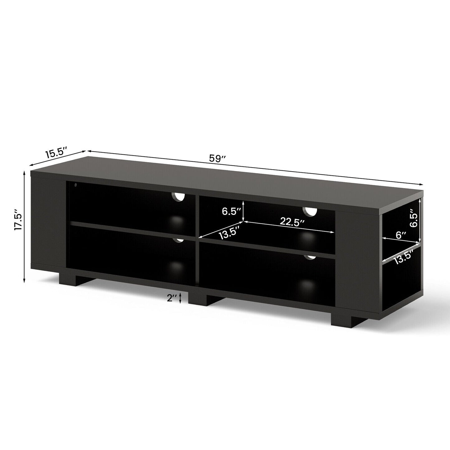 59 Inch Console Storage Entertainment Media Wood TV Stand, Black - Gallery Canada