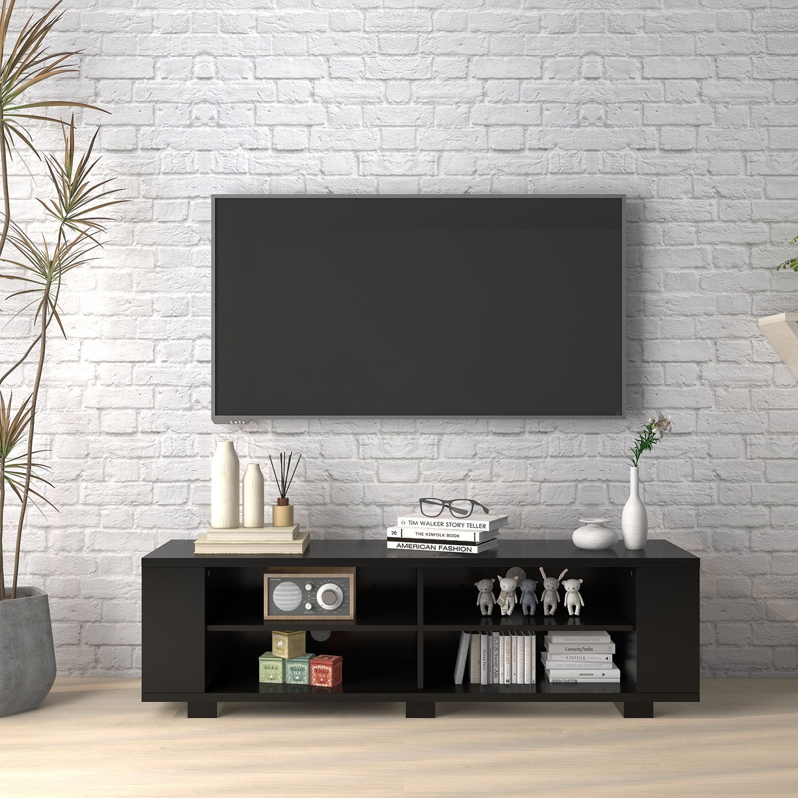 59 Inch Console Storage Entertainment Media Wood TV Stand, Black Entertainment Centers & TV Stands   at Gallery Canada