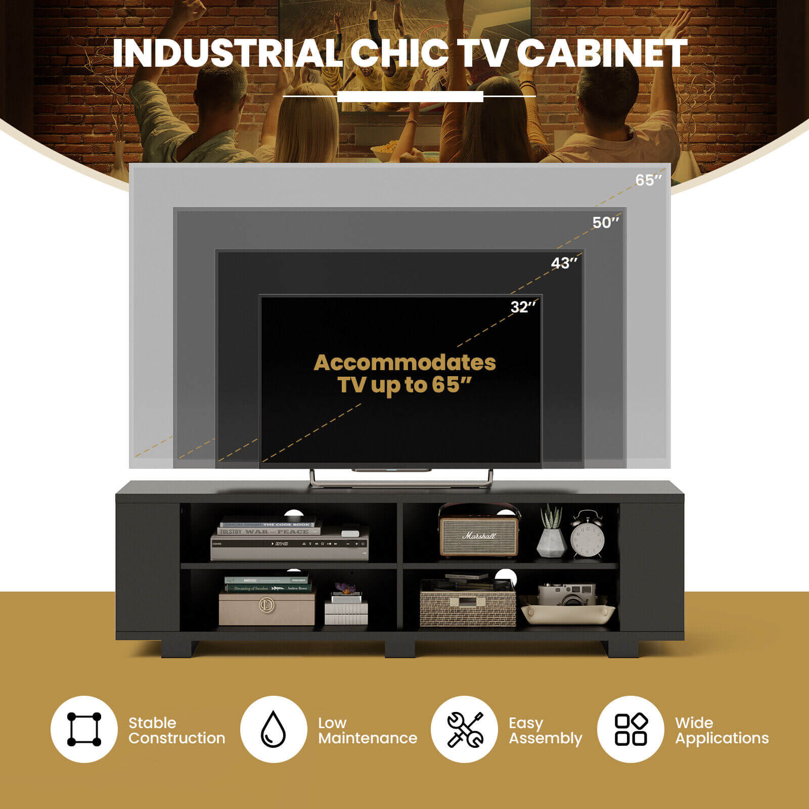 59 Inch Console Storage Entertainment Media Wood TV Stand, Black Entertainment Centers & TV Stands   at Gallery Canada