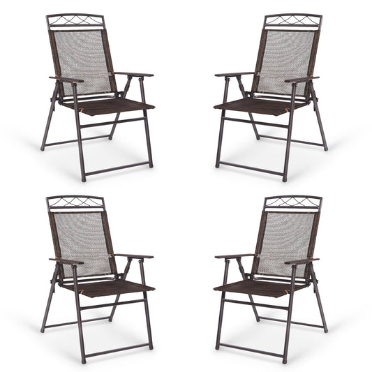 Set of 4 Patio Folding Sling Chairs Steel Camping Deck, Brown - Gallery Canada
